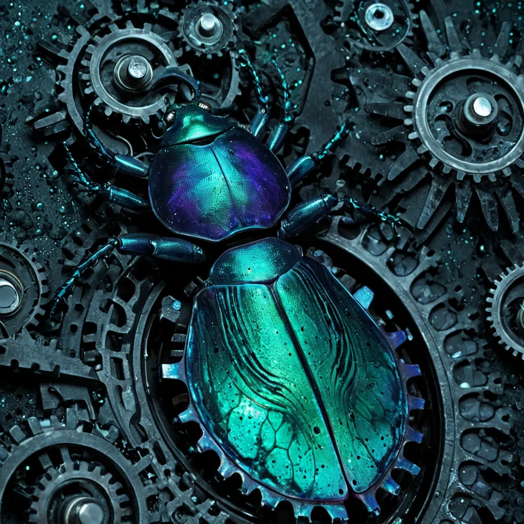 A tight, vertical closeup of a single, massive, iridescent beetle shell, split open to reveal not flesh, but a dense, chaotic swarm of tiny, glowing cyan gears and pistons made of polished obsidian, all moving in a complex, synchronized mechanical dance. The shell itself is a mix of deep emerald and royal purple, with a textured, almost scaly surface that catches the light with a wet, oily sheen. Inside the shell, the gears are not static they are actively grinding and turning, creating a subtle, vibrating blur in the center of the image. The background is a soft, outoffocus gradient of deep teal and midnight blue, with faint, floating particles of dust catching the light, adding a