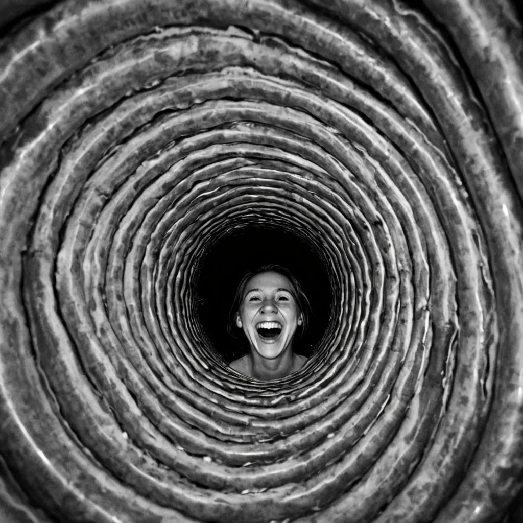 A single, selfsiphoning vortex of reversed laughter, shaped like a 3,141dimensional spiral of unformed mirth and inverted joy, churns through the hollow core of a vast, inverted theater of solidified silence. Each twist is spun from the exact moment between a chuckle escaping and its refusal to echo, a smile forming on lips and dissolving into nonexpression, a shared joke syncing with the rhythm of a forgotten audience and collapsing into pure, unmeasured nonlevity. The vortex does not amplify emotionit unamplifies it, each trembling coil shedding a layer of euphoric potential that never coalesced into connection, warmth, or the weight of being laughed with. As it spirals