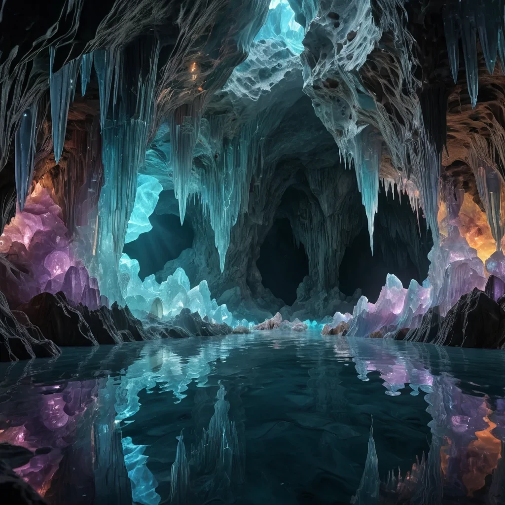 A hyperrealistic, 4K, ultra HD depiction of an ethereal, crystalline cave system, its iridescent walls and stalactites etched in intricate, fractal patterns. Volumetric lighting from a distant, pulsating, bioluminescent source bathes the scene in a mesmerizing symphony of vibrant, prismatic hues. Cinematic lighting accentuates the caves central, radiant, luminescent pool, its rippling, liquid surface casting ethereal reflections on the surrounding, geometric formations. Photorealistic, fractal, zerogravity water formations unfurl in a surreal dance, creating an otherworldly, aquatic ballet.