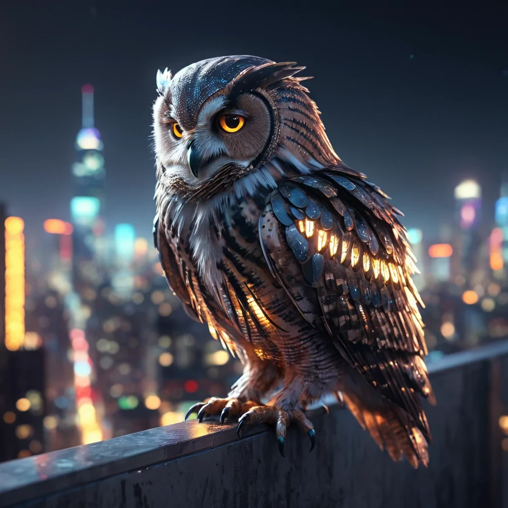 A lone, cyborg owl perched on a neonlit skyscraper ledge, its metallic feathers glistening under the city lights, hyperrealistic, Ultra HD, cinematic lighting, volumetric lighting, atmospheric effects, bokeh effect, soft focus, lens flare, vibrant colors, detailed textures.