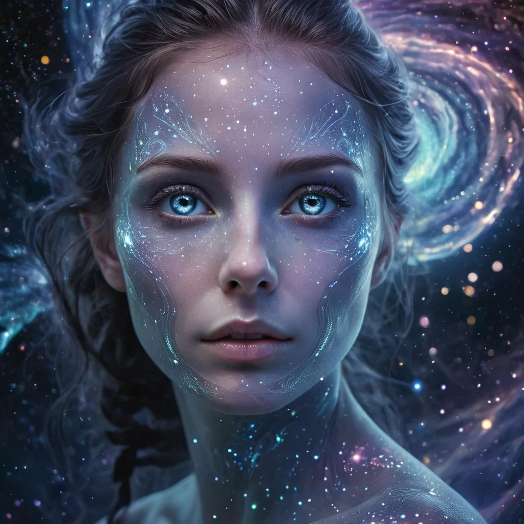 A hyperrealistic, 4K, ultra HD portrait of an ethereal being with iridescent, opalescent skin that shimmers like liquid moonlight. The beings eyes, a deep, mesmerizing sapphire, seem to swirl with cosmic constellations. Their hair, a cascade of auroral fractals, gently pulses with an otherworldly glow. The background is a surreal, nebulalike landscape of swirling, ethereal hues, with distant galaxies and star systems casting a soft, celestial glow. Cinematic lighting accentuates the beings otherworldly features, while a subtle bokeh effect blurs the cosmic backdrop, creating an enchanting atmosphere.