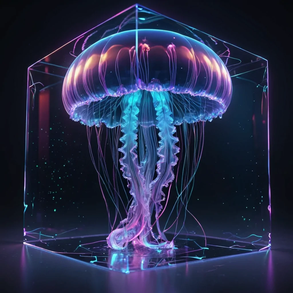 Hyperrealistic neon jellyfish with reflective metallic tendrils floating in a cubic sapphire chamber filled with glowing quantum sparks, holographic threads twisting in dynamic lighting, soft focus, vibrant colors, 4K