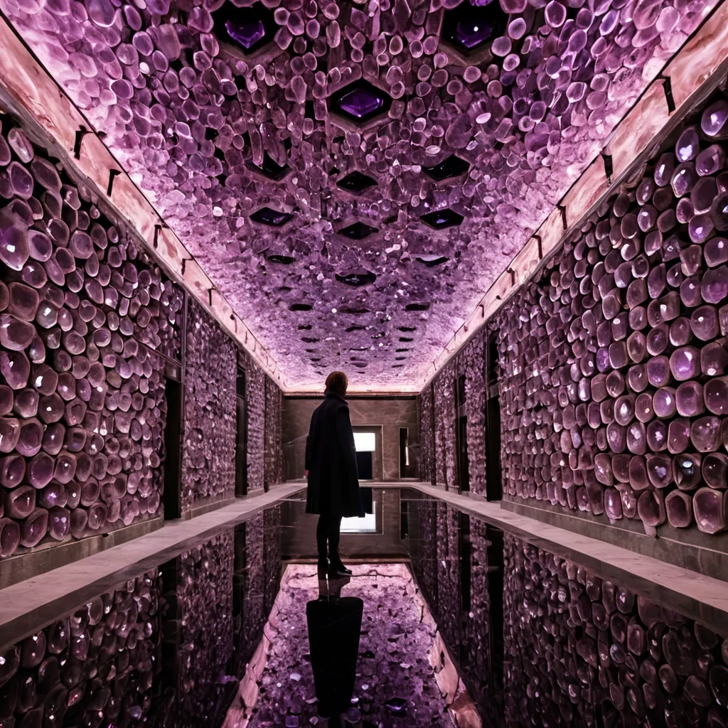 A horizontal, eyelevel wide shot of a sprawling, subterranean archive carved into the hollowed interior of a colossal, translucent geode, where the walls are lined with millions of tiny, hexagonal crystal facets that refract soft, internal light in shifting gradients of amethyst and rose quartz. Suspended from the vaulted ceiling by thin, nearly invisible carbonfiber cables are thousands of vintage mechanical typewriters, each one encased in a protective, amberhued resin block that glows faintly from within. The floor is a smooth, reflective pool of still, dark oil that mirrors the intricate, kaleidoscopic patterns of the crystal ceiling above. In the foreground, a figure wearing a tailored, charcoalgrey coat with high