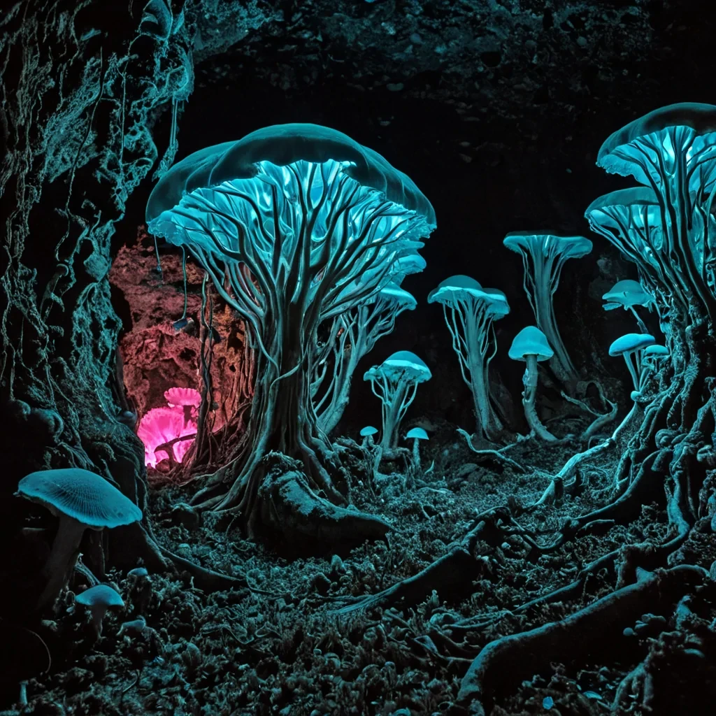 A horizontal, eyelevel closeup of a sprawling, bioluminescent fungal forest growing within the hollowedout ribcage of a colossal, fossilized leviathan skeleton. The interior walls are composed of translucent, ambercolored resin that preserves the intricate textures of ancient bone, glowing with a warm, honeyed internal light. From the porous surface of the ribs erupts a dense carpet of oversized, neonblue oyster mushrooms and cascading strands of silverthreaded lichen, creating a vibrant contrast against the dark, velvety shadows of the cavern. Suspended in the humid, mistladen air are countless tiny, floating seeds encased in clear, gelatinous spheres, each emitting a soft, pulsing pink glow.