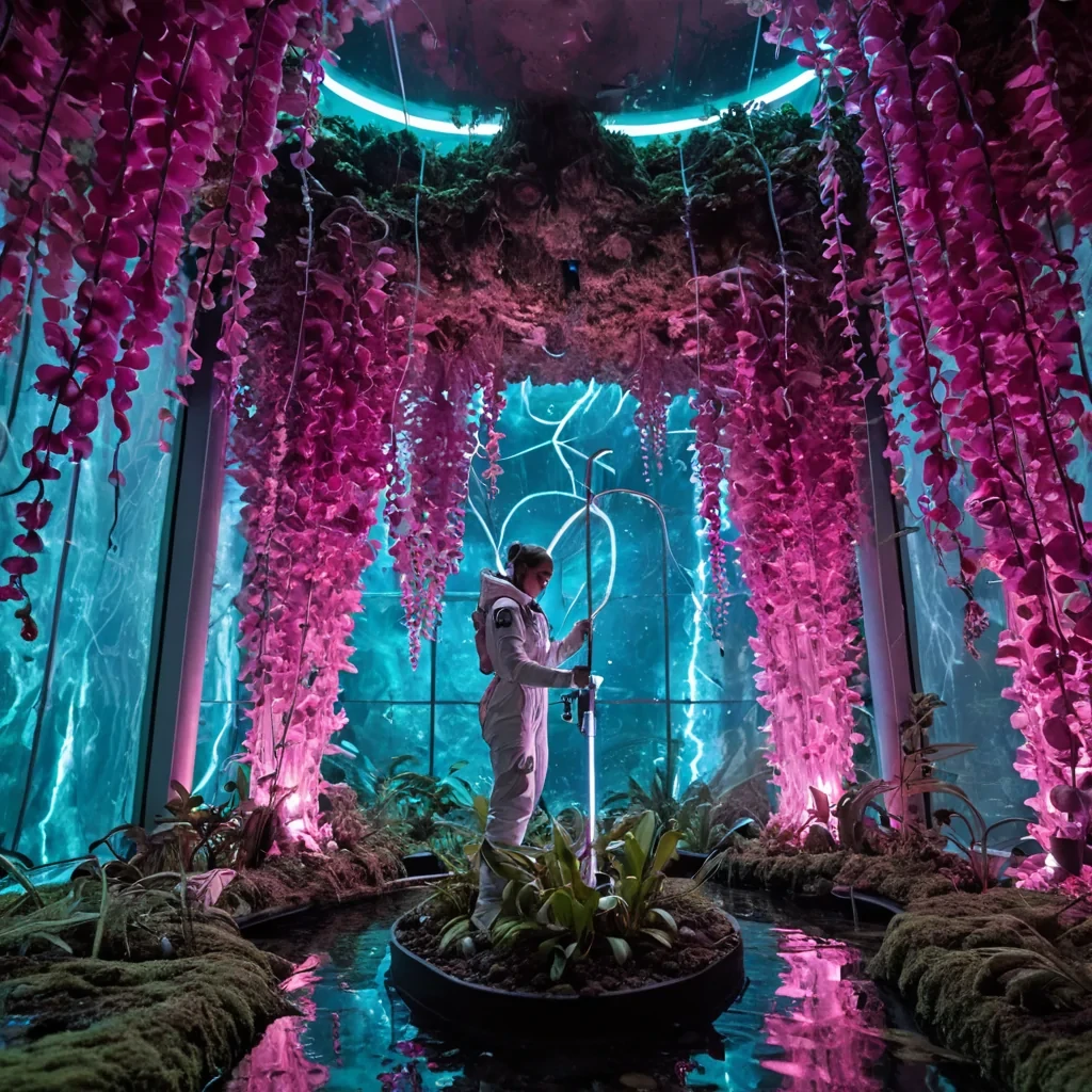 A horizontal, eyelevel medium shot of a serene, suspended hydroponic sanctuary located within the hollowedout heart of a massive, translucent geode floating in zero gravity. The interior walls are lined with smooth, pink quartz and embedded with vertical channels of nutrientrich, glowing water that feed cascading clusters of rare, bioluminescent moss and silverleafed ferns. In the center, a botanist wearing a lightweight, white aerospace flight suit with integrated oxygen tubes gently prunes a delicate, translucent orchid using a pair of laseredged shears. The air is filled with suspended water droplets that refract the soft, pink and teal light emanating from the crystal walls, creating a dreamlike, ethereal atmosphere