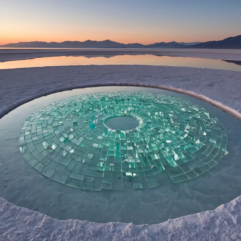 A photorealistic, highangle wide shot of a vast, circular amphitheater constructed entirely from interlocking, translucent blocks of frosted sea glass in varying shades of pale turquoise, lavender, and soft rose, set within a landscape of smooth, windsculpted white salt flats. The floor of the arena is a shallow, perfectly still basin of clear water that acts as a mirror, reflecting the glass walls and the sky above with crystalline precision. Floating above the waters surface, in perfect geometric alignment, are hundreds of delicate, wireframe sculptures shaped like oversized, abstract musical notes, crafted from thin, glowing strands of copper wire that emit a warm, amber luminescence. The sky is a deep, gradient twilight blue,