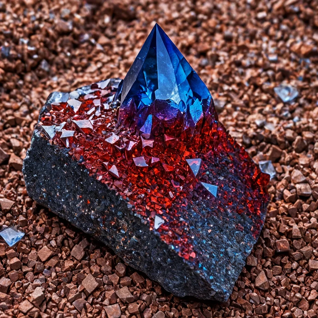 A highcontrast, macro photograph of a solitary, jagged shard of deep, iridescent sapphire glass embedded in a rough, porous bed of raw, matte red granite. The granite is not solid but composed of thousands of tiny, interlocking cubes that vibrate with a subtle, visible kinetic energy, creating a shimmering, heathaze distortion around the stone. Emerging from the top of the sapphire shard is a delicate, fractal branching structure made of solidified, clear sap that has turned into translucent, crystalline resin. Each branch tip holds a single, perfectly spherical droplet of liquid gold that remains suspended in midair, defying gravity, and reflects the surrounding red and blue hues with intense, metallic sharpness.