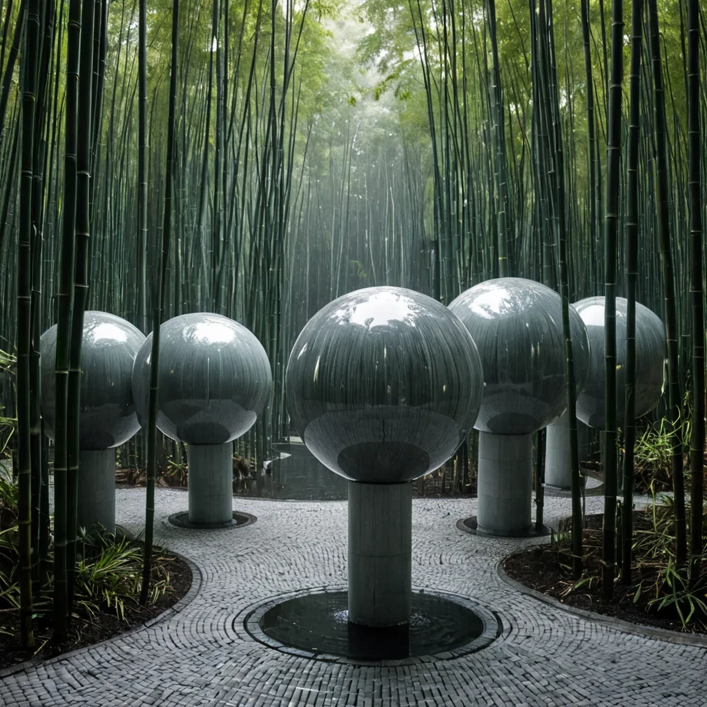 A horizontal, eyelevel wide shot of a serene, circular plaza paved with interlocking tiles of matte charcoal slate, situated within a dense, mistshrouded forest of towering, slender bamboo stalks that glow with a faint, internal bioluminescence in hues of soft teal and pale yellow. In the center, a massive, floating sphere made of polished, mirrorfinish chrome reflects the surrounding forest with perfect fidelity, distorting the vertical lines of the bamboo into curved, liquidlike shapes. Surrounding the sphere are six slender, white marble columns, each topped with a small, hovering orb of condensed water vapor that gently rotates. In the foreground, a figure wearing a traditional, loosefitting robe made of textured, undyed linen stands