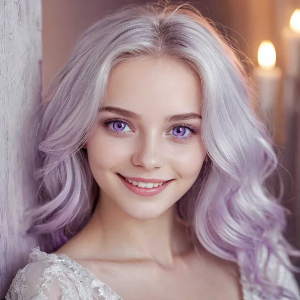 Girl with attractive lilac eyes, a beautiful and hypnotic smile, white and soft skin, shiny hair in the same tone as her eyes, with an atmosphere of magic and Love.