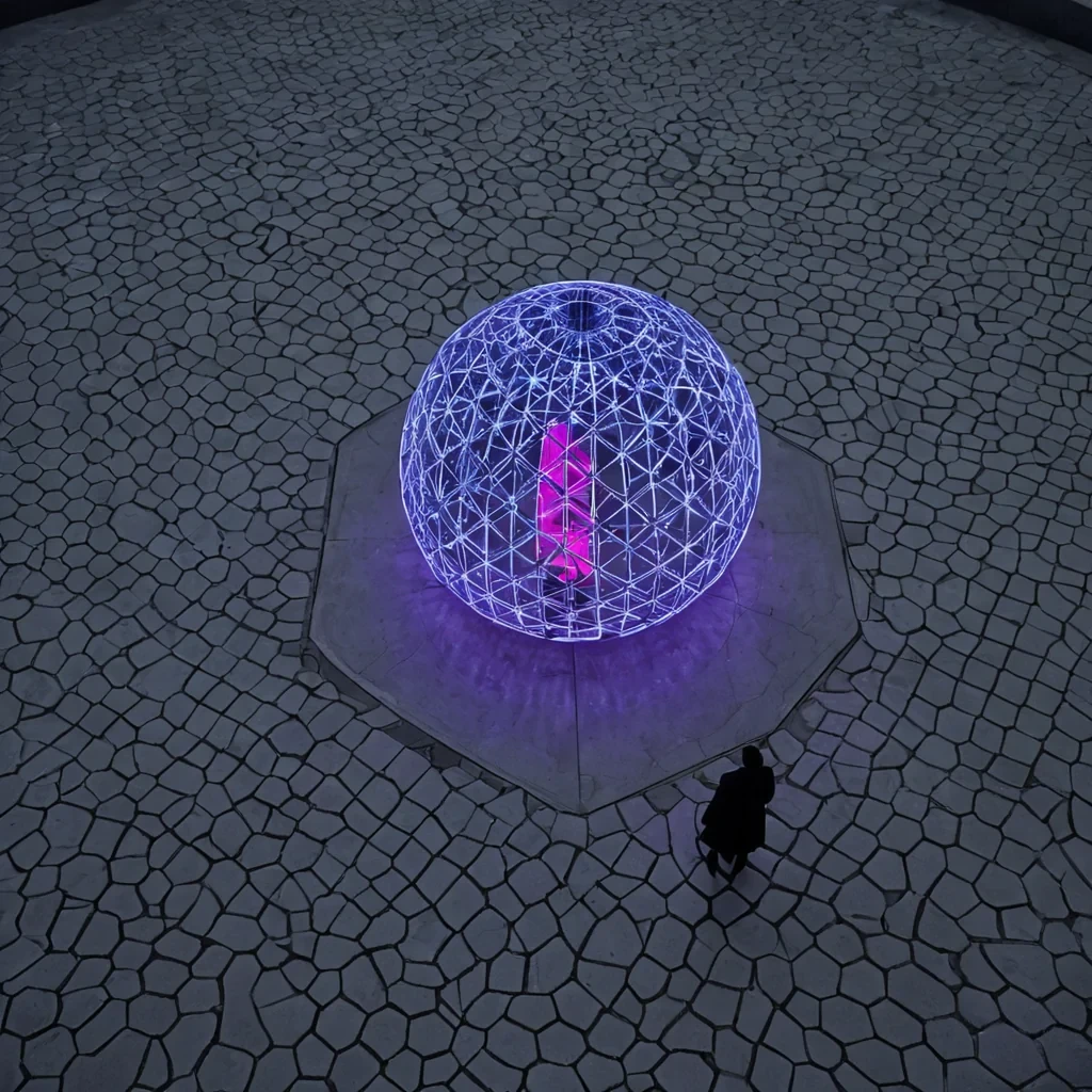 A horizontal, highangle wide shot of a vast, circular plaza paved with thousands of interlocking hexagonal tiles made of matte, porous white limestone that absorb the ambient light, creating a soft, chalky texture across the ground. In the center stands a monolithic, inverted pyramid structure crafted from brushed, mirrorpolished chrome, its apex pointing downward into a shallow, clear pool of still water that acts as a flawless reflective surface for the surrounding environment. The structure is encased in a delicate, spherical cage of thin, glowing neon tubes in varying shades of electric blue and magenta that pulse rhythmically. In the foreground, a figure wearing a tailored, doublebreasted coat made of heavy, textured charcoal wool with subtle, embroidered silver thread details