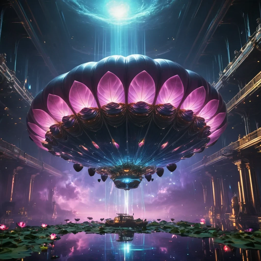 Photorealistic, levitating, nebulainfused, lotus blossom airship, its hyperrealistic, 4K, iridescent petals unfurling ultra HD, bioluminescent, zerogravity ecosystems. Volumetric lighting from unseen, pulsating, extraterrestrial hearts etches the airships ethereal, geometric architecture, casting intricate, dynamic, neon shadows on the inverted, reflective void. Cinematic lighting bathes the scene in vibrant, extraterrestrial hues, with lens flare emphasizing the airships central, radiant, throbbing, nebulaheart, pulsating with captive, alien energy.