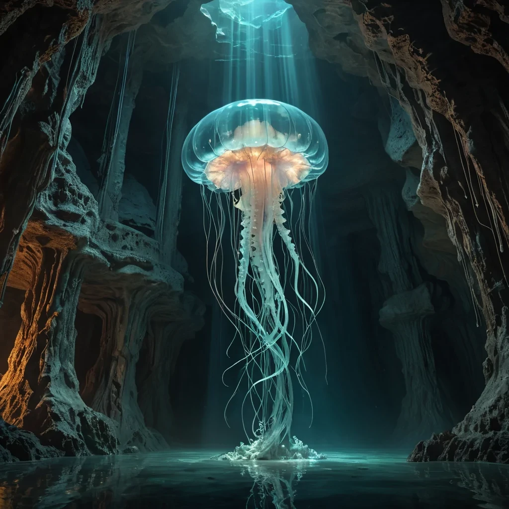 In the heart of a hyperrealistic, ancient, submerged, glasslike cavern, a colossal, dormant, mechanical jellyfish pulsates, its intricate, textured tentacles unfurling towards the caverns distant, glowing walls. Cinematic lighting from an unseen source casts dramatic shadows, while dynamic, volumetric lighting creates a soft, pastel glow. The jellyfishs delicate, detailed textures reflect the caverns intricate, luminescent patterns, as atmospheric effects create a mesmerizing dance of light and color. At the jellyfishs core, a colossal, ancient, holographic projector flickers to life, casting a vibrant, Ultra HD display of a longforgotten alien landscape onto the caverns rusted,