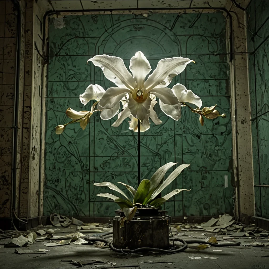 A colossal, sentient clockwork orchid blooms in the heart of a forgotten subway station beneath a city that never existed, its petals forged from brass and tempered steel, each one etched with the faded blueprint of a lost civilizations dream. The flowers stamen pulses with a slow, rhythmic lightneither fire nor electricity, but the accumulated glow of a thousand whispered apologies, stored in a crystalline core that hums with the frequency of regret. Around it, the walls are covered in peeling wallpaper made of dried ink and expired memories, curling like dead leaves under the dim, greenish light of a single, flickering sodiumvapor bulb. The air is thick with the scent of ozone and old paper, and the