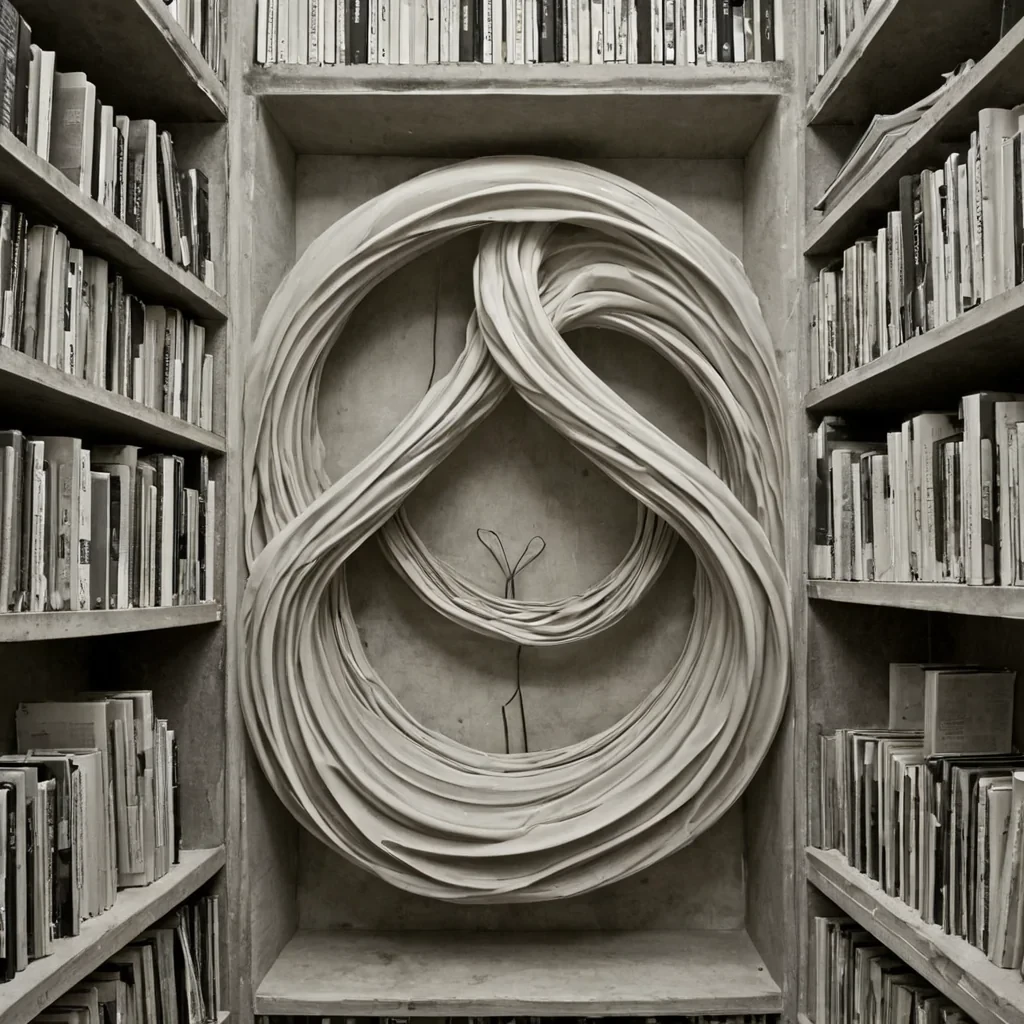 A single, selfunfolding filament of reversed memory, shaped like a 1,098dimensional Mbius ribbon of unformed recollection and inverted nostalgia, drifts through a vast, inverted archive of solidified dreamseach shelf carved from the exact moment between a memory forming and its refusal to be recalled, a face appearing and dissolving into nonvisual haze, a name whispered and collapsing into pure, unmeasured silence. The filament does not rememberit unremembers, each spiraling twist shedding a layer of emotional resonance that never coalesced into lived experience, reforming into ephemeral, amethystthreaded afterimages shaped like the negative space between two hands that never touched in a forgotten embrace. The air