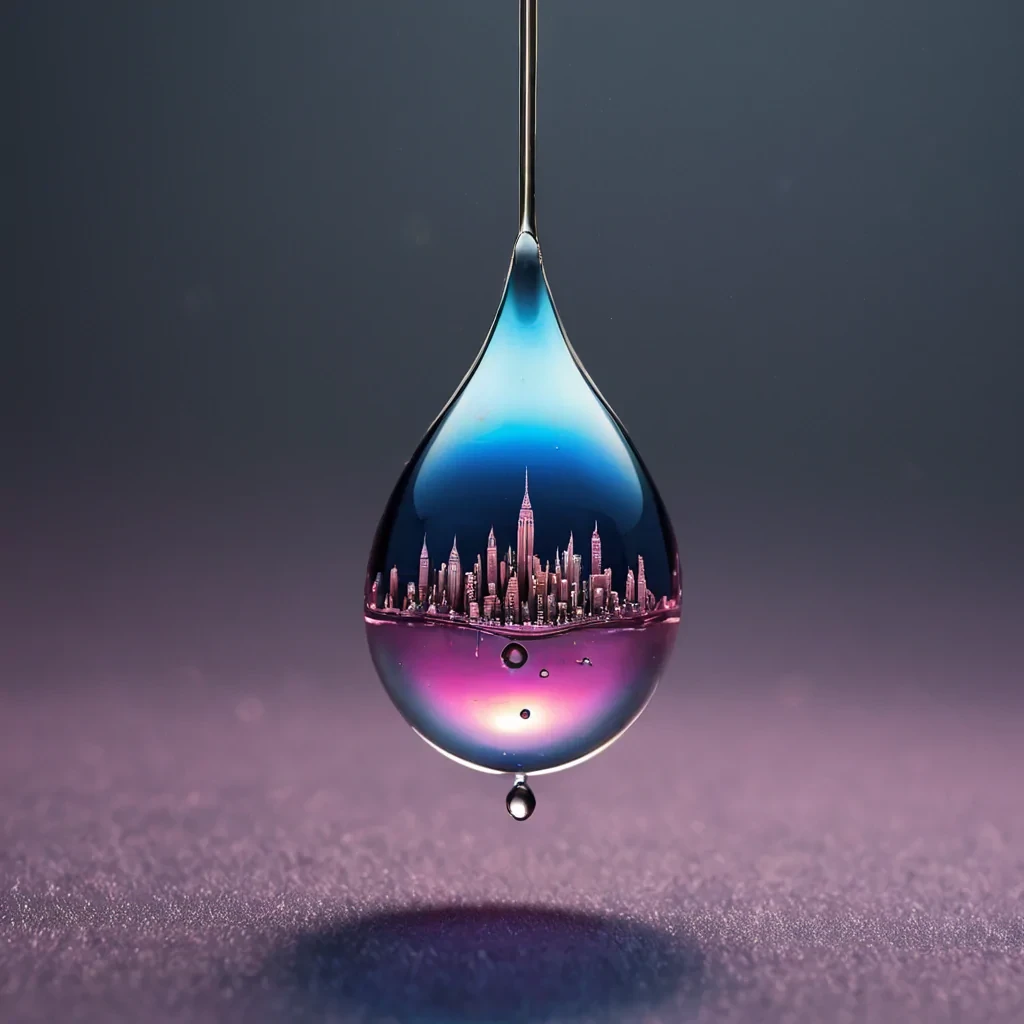 A hyperrealistic, extreme macro shot of a single, suspended droplet of molten, iridescent chrome hovering in a void of deep, midnight blue velvet fog. Inside the droplet, trapped in a state of suspended animation, is a miniature, intricate cityscape built from translucent, pale pink porcelain and woven, flexible carbon fiber, with streets paved in polished silver and towers topped with tiny, glowing amber orbs. The surface of the chrome droplet is perfectly smooth and mirrorlike, reflecting a distorted, rippling image of a distant, nebulalike cloud formation in shades of electric cyan and soft magenta. The lighting is soft and diffused, coming from multiple unseen sources, creating a gentle, ethereal glow that highlights the intricate