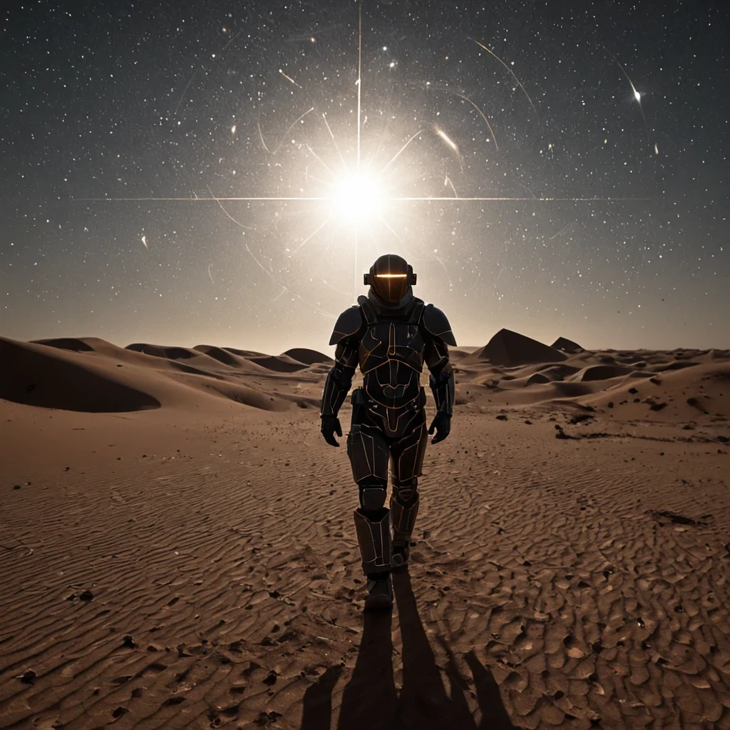 A wideangle, lowperspective shot of a vast, arid desert landscape where the sand is composed entirely of fine, crushed iridescent mica flakes that shimmer in shifting hues of copper and rose gold under a binary star system. Rising from the dunes are colossal, monolithic structures carved from dark, porous basalt, their surfaces etched with intricate, geometric patterns that catch the twin suns light to cast long, sharp, intersecting shadows. In the foreground, a figure clad in a modular, armored suit made of matte white ceramic plates and flexible dark grey mesh walks slowly, their silhouette framed against the blinding brilliance of the horizon. The air is thick with suspended dust particles that glow with a faint, warm amber lumines
