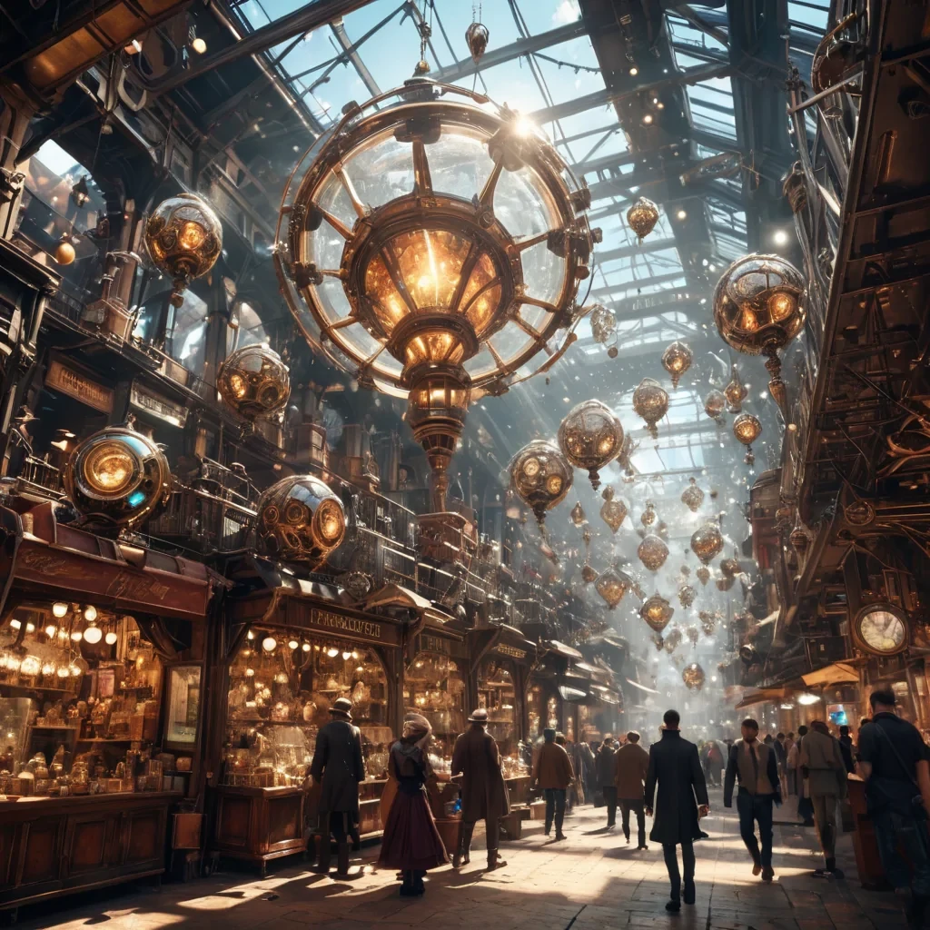 A sentient, crystalline structure levitates above a bustling, steampunk marketplace, its facets reflecting the chaotic dance of airborne automatons, hyperrealistic, ultra HD, cinematic lighting, volumetric lighting, atmospheric effects, dynamic lighting, bokeh effect, lens flare, vibrant colors, detailed textures.