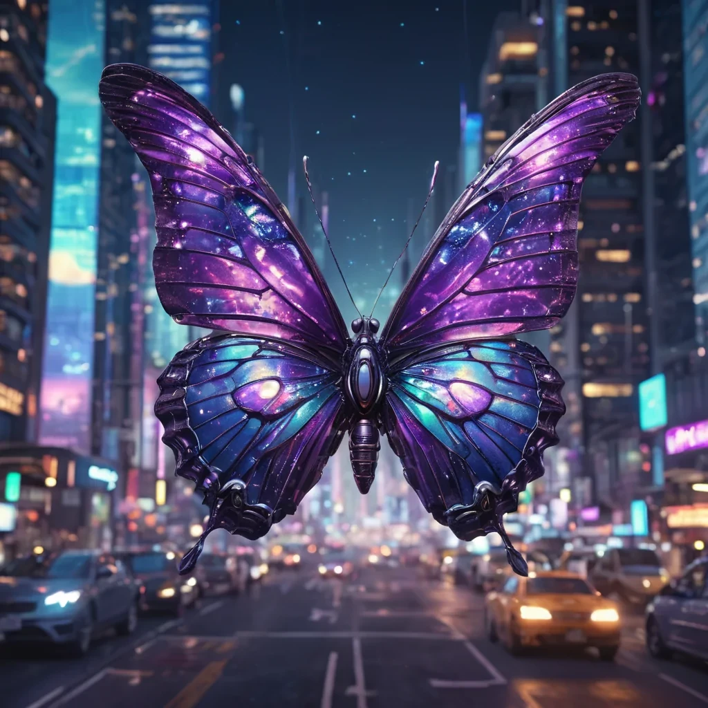 A hyperrealistic, 4K, ultra HD portrait of a cybernetic butterfly, its iridescent wings shimmering with the colors of a neondrenched cityscape. The butterflys compound eyes, a deep, enigmatic purple, hold the secrets of a thousand fleeting moments. Its wings, a cascade of shimmering, holographic pixels, gently pulse with each beat of its mechanical heart. The background is a surreal, urban landscape of towering skyscrapers and floating vehicles, with the distant hum of a bustling metropolis and the soft glow of perpetual twilight casting an ethereal ambiance. Cinematic lighting accentuates the butterflys otherworldly beauty, while a subtle bokeh effect blurs the neonlit cityscape, creating
