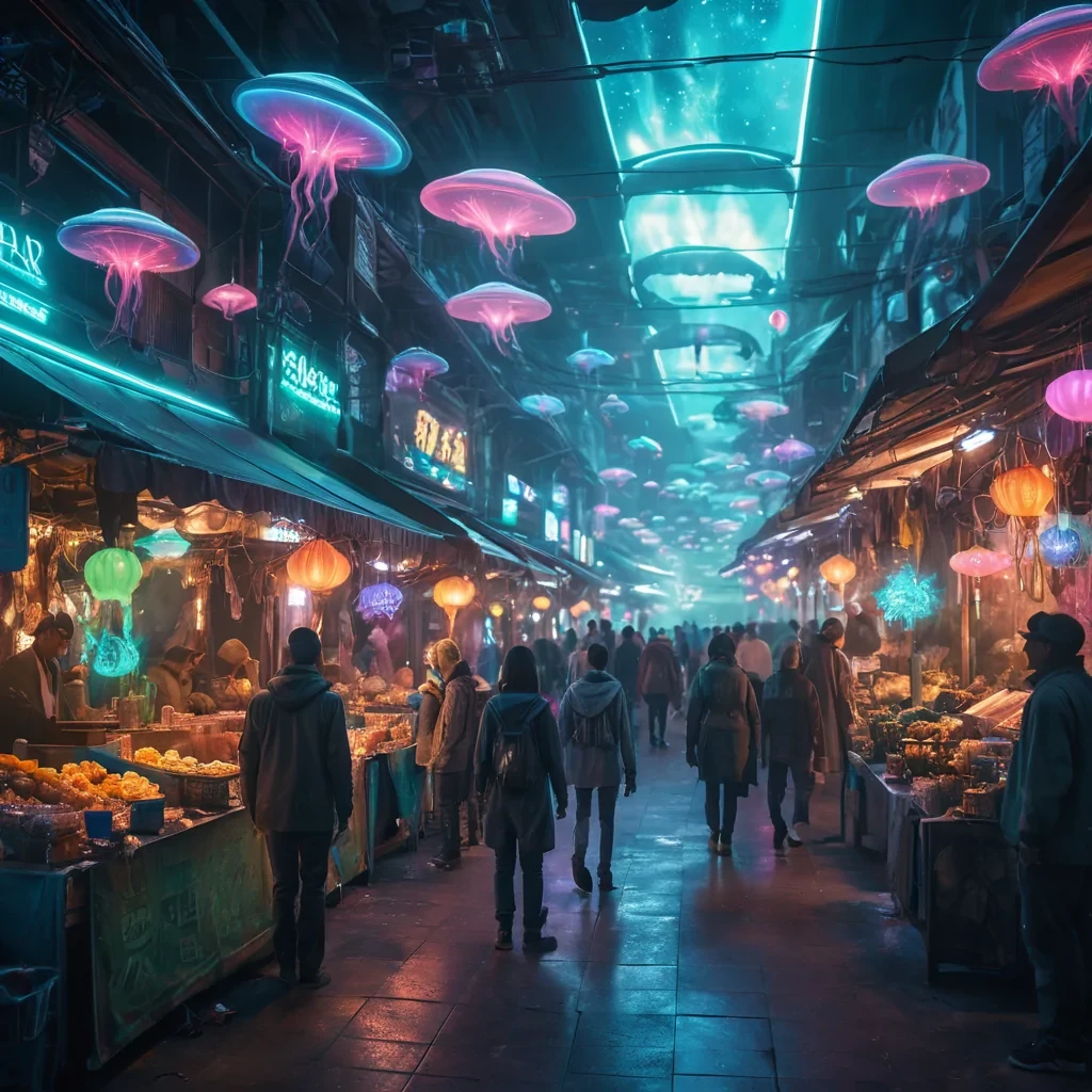 A neonlit, futuristic bazaar bustling with alien vendors and patrons, their bioluminescent forms casting an ethereal glow, hyperrealistic, ultra HD, cinematic lighting, volumetric lighting, atmospheric effects, bokeh effect, soft focus, lens flare, vibrant colors, detailed textures.
