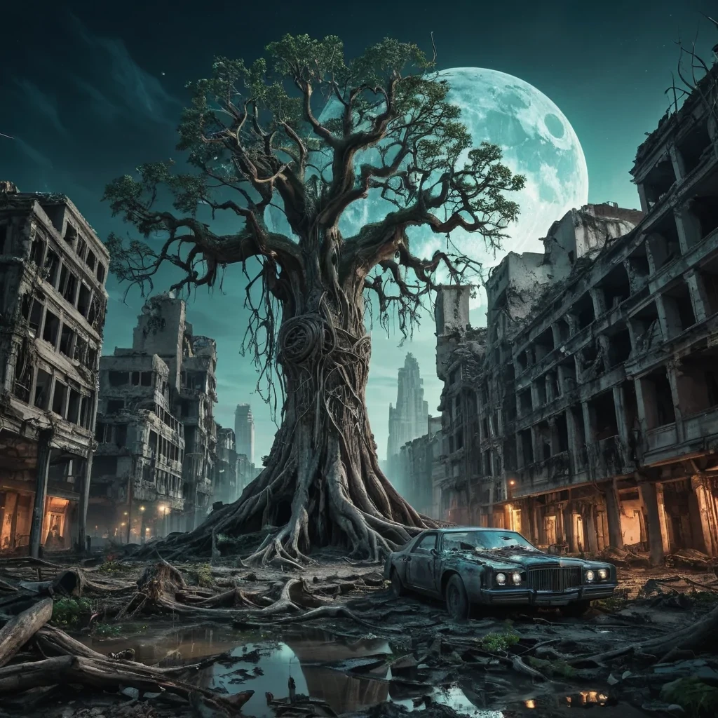 Create a surreal, ultraHD portrait of a sentient, ancient tree, its gnarled roots entwined with the ruins of a longforgotten, futuristic city. The trees bark is adorned with bioluminescent flora, casting an ethereal, volumetric glow on the crumbling skyscrapers and abandoned hovercars. In the distance, a colossal, crystalline moon looms, casting dramatic, cinematic shadows across the desolate landscape. The trees branches stretch out like welcoming arms, beckoning the viewer to explore its hidden, otherworldly ecosystem.
