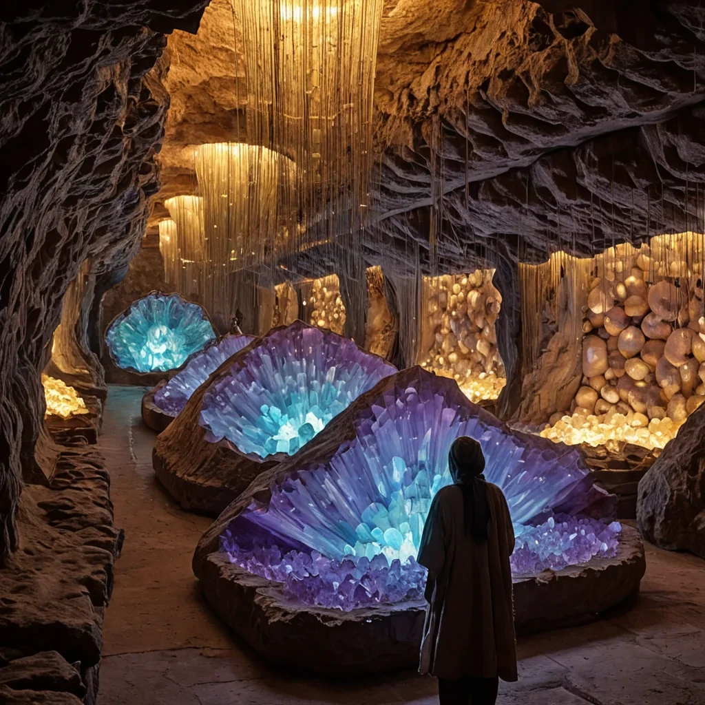 A horizontal, eyelevel wide shot of a sprawling, subterranean marketplace carved into the hollowedout interior of a colossal, translucent geode, where the walls shimmer with massive, faceted crystals of amethyst, citrine, and turquoise. The air is filled with a soft, hazy glow emanating from hundreds of suspended, paperlanternlike pods made of woven, glowing silk that drift slowly above the stalls. In the foreground, a master weaver with smooth, terracottatoned skin and wearing a loose, asymmetrical tunic of undyed linen layered with intricate, metallic threadwork stands at a massive, horizontal loom. They are threading strands of liquid silver light through the warp, creating a tapestry that