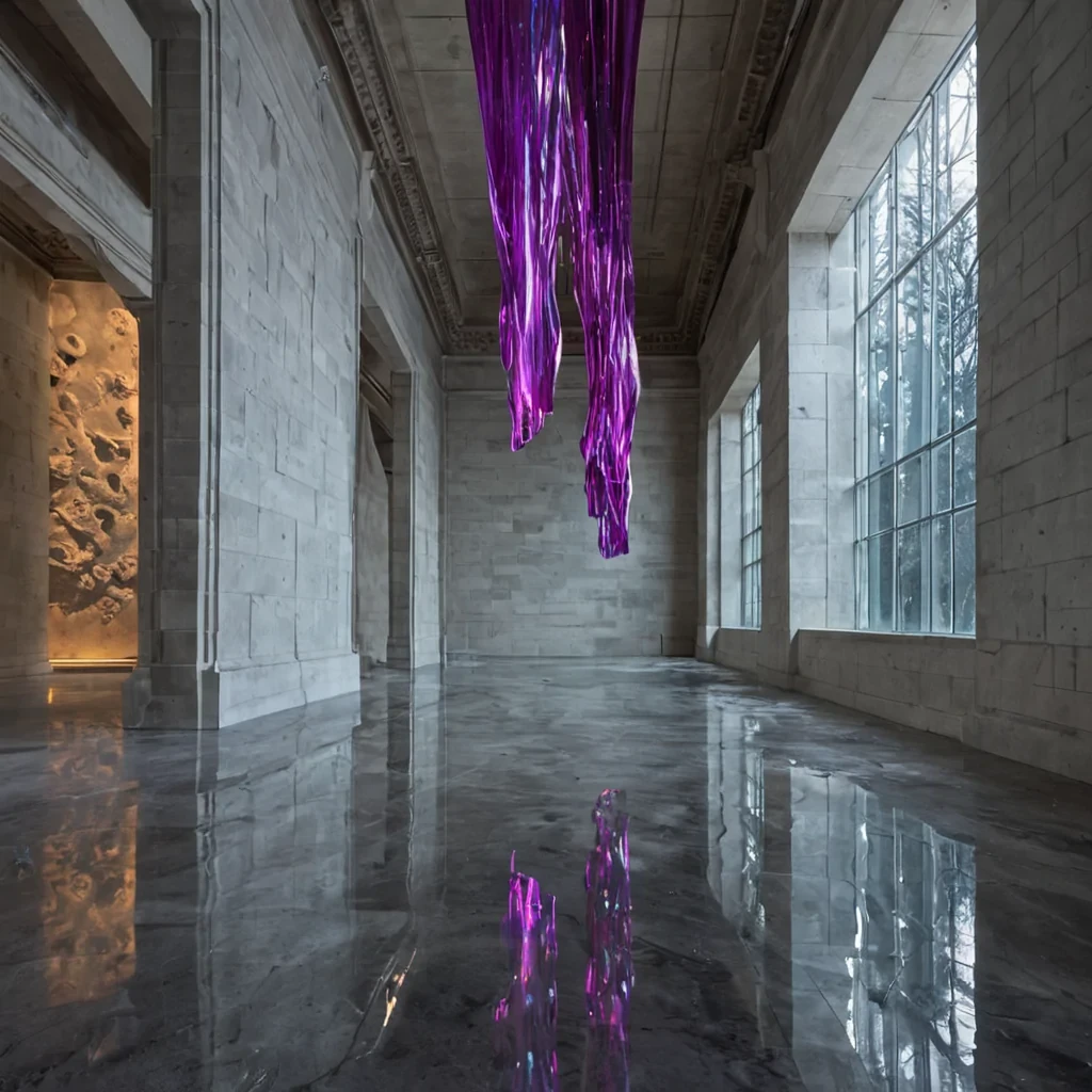 A hyperrealistic, eyelevel medium shot of a solitary, expansive gallery space where the floor is a seamless, mirrorpolished sheet of liquid silver that ripples gently underfoot. The walls are composed of towering, vertical slabs of roughhewn, matte white limestone that contrast with the sleek, reflective floor. Suspended from the high ceiling are dozens of elongated, ribbonlike sculptures made of iridescent, translucent cellophane in shades of deep magenta and electric cyan, undulating as if caught in a slow, invisible current. Each ribbon holds a single, perfectly preserved, translucent glass orb containing a miniature, frozen storm of swirling gray ash and golden embers. The lighting is dramatic and cinematic, with sharp, directional