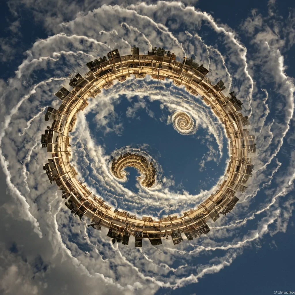 A single, selfgenerating fractal of inverted laughter, shaped like a spiraling, nonNewtonian cloud of suspended mirth, drifts through the center of a vast, inverted amusement park built from the compressed, unlaughed moments of a civilization that communicated through the duration of synchronized, silent chuckling at the same unjoked punchline. The cloud does not expandit unlaughs, each pulse dissolving a layer of joy that never coalesced into a shared giggle, reforming into ephemeral, goldveined afterimages shaped like the negative space between two mouths that never curved in unison during the same moment of mutual amusement. The park is not mechanicalit is a stratified expanse of petr