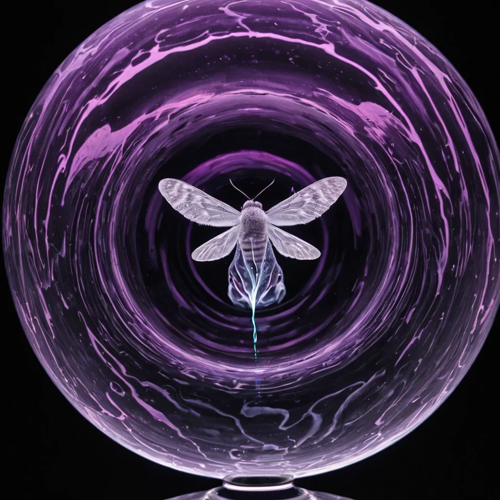 A lowangle, cinematic shot capturing the interior of a colossal, inverted bowl carved from solid, matte obsidian, filled to the brim with a dense, turbulent fluid of liquid neon violet ink that defies viscosity, moving in slow, thick, rhythmic waves. Suspended in the center of the liquid is a perfectly transparent, rigid sphere of compressed, clear air, larger than a human head, acting as a bubble that distorts the surrounding darkness with sharp, convex refraction. Inside the air sphere, instead of an object, there is a swirling, miniature storm of tiny, glowing, white moth wings, all rotating in unison to form a dense, luminous torus shape. The rim of the obsidian bowl is lined with