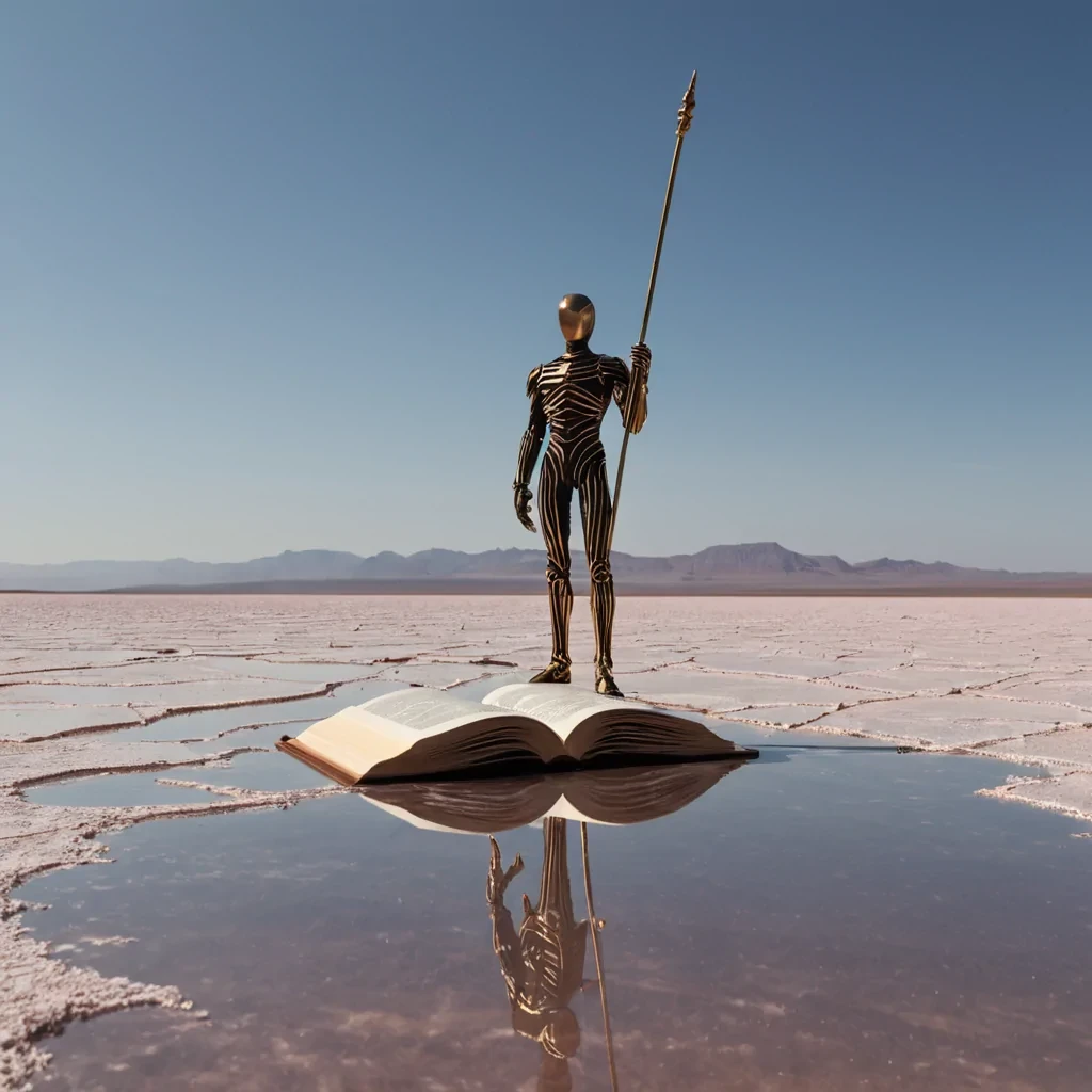 A sweeping, eyelevel panoramic view of a vast, arid salt flat under a sky streaked with horizontal bands of iridescent oilslick colors, where the ground is a mirror of glassy, crystalline white that perfectly reflects the heavens. Rising from the center is a massive, monolithic structure shaped like a giant, open book, but its pages are made of thousands of thin, vertical slats of polished rose gold that sway gently in an invisible wind, creating a rippling, wavelike motion. Perched on the spine of this golden structure is a solitary figure wearing a sleek, formfitting suit of matte black ceramic armor, holding a long, slender staff topped with a floating, glowing orb of pure white light. The