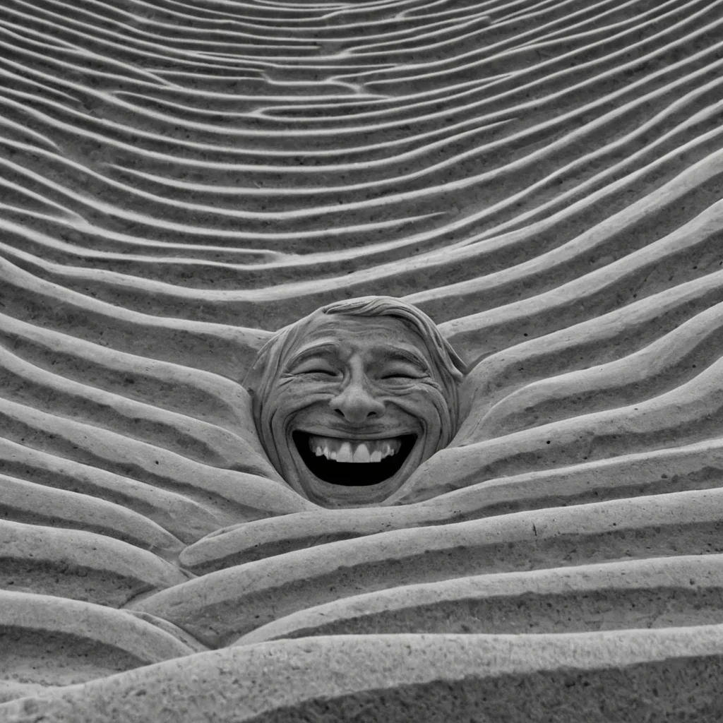 A single, selffragmenting wave of reversed laughter, shaped like a 4,097dimensional ripple of unformed mirth and inverted joy, surges through a vast, inverted amphitheater of solidified sorroweach seat carved from the exact moment between a smile forming and its refusal to spread, a chuckle rising and dissolving into nonaudible silence, a hand reaching for a shoulder and collapsing into pure, unmeasured loneliness. The wave does not echoit unechoes, each crest shedding a layer of emotional resonance that never coalesced into shared delight, reforming into ephemeral, topazthreaded afterimages shaped like the negative space between two mouths that never curved in unison to greet a