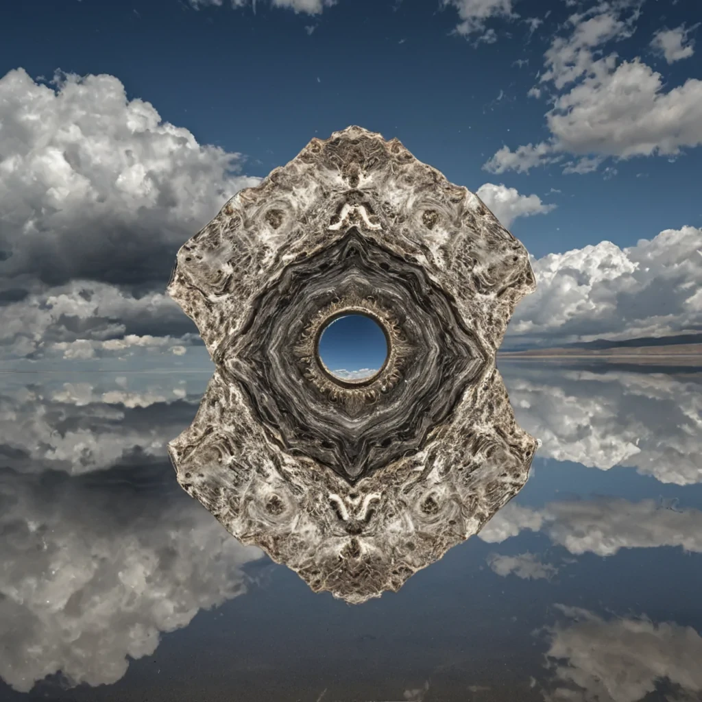 A single, selffragmenting mirror of inverted reflection, shaped like a 5dimensional kaleidoscope of unformed identity and reversed perception, floats at the center of a vast, inverted sky of solidified shadoweach cloud carved from the petrified afterimage of a gaze never returned, a glance never acknowledged, a face never seen in a civilization that measured selfhood not by recognition, but by the duration of synchronized, breathless invisibility held just before the first eye was ever permitted to open in a world where sight was not forbidden, but never required. The mirror does not reflectit unsees, each shattering facet shedding a layer of visual potential that never coalesced into a shared likeness, reforming into ephemeral