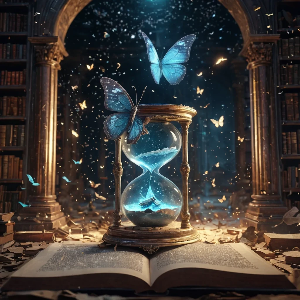 A lone, luminescent moon butterfly emerging from a shattered hourglass, its wings adorned with constellations, as it soars through a whirlwind of floating, ancient manuscripts in an endless library, hyperrealistic, 4K, cinematic lighting, volumetric lighting, atmospheric effects, lens flare, vibrant colors, detailed textures.