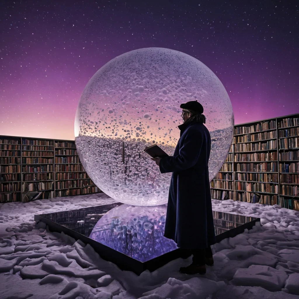 A horizontal, eyelevel wide shot of a sprawling, openair library constructed entirely from stacked, translucent sheets of compressed sea ice, set against a twilight sky painted in gradients of deep indigo and soft violet. The floor is a reflective surface of polished black slate, mirroring the icy structures and the starry heavens above. Instead of books, the shelves hold thousands of floating, spherical bubbles filled with swirling, colored smoke that mimics the hues of the aurora borealis, drifting gently in a slow, choreographed current. In the center, a figure wearing a long, tailored coat made of iridescent, scalelike synthetic material sits on a low, wooden stool, reading from a flat, stone tablet that emits a warm, amber glow