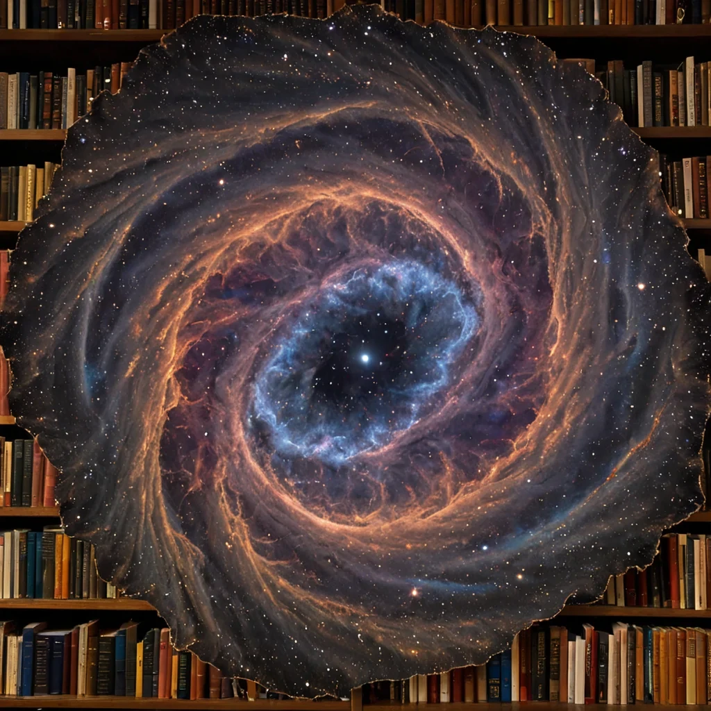 A single, selfunfolding nebula of reversed memory, shaped like a 1027dimensional spiral of unformed recollection and inverted nostalgia, drifts at the center of a vast, inverted library of solidified forgettingeach bookshelf forged from the exact moment between a page being turned and its refusal to be read, a name whispered and dissolving into nonechoing air, a photograph developing and unraveling into pure, unrecorded light. The nebula does not recallit unrecalls, each shimmering filament shedding a layer of mnemonic potential that never coalesced into a shared past, reforming into ephemeral, opalthreaded afterimages shaped like the negative space between two hands that never held a