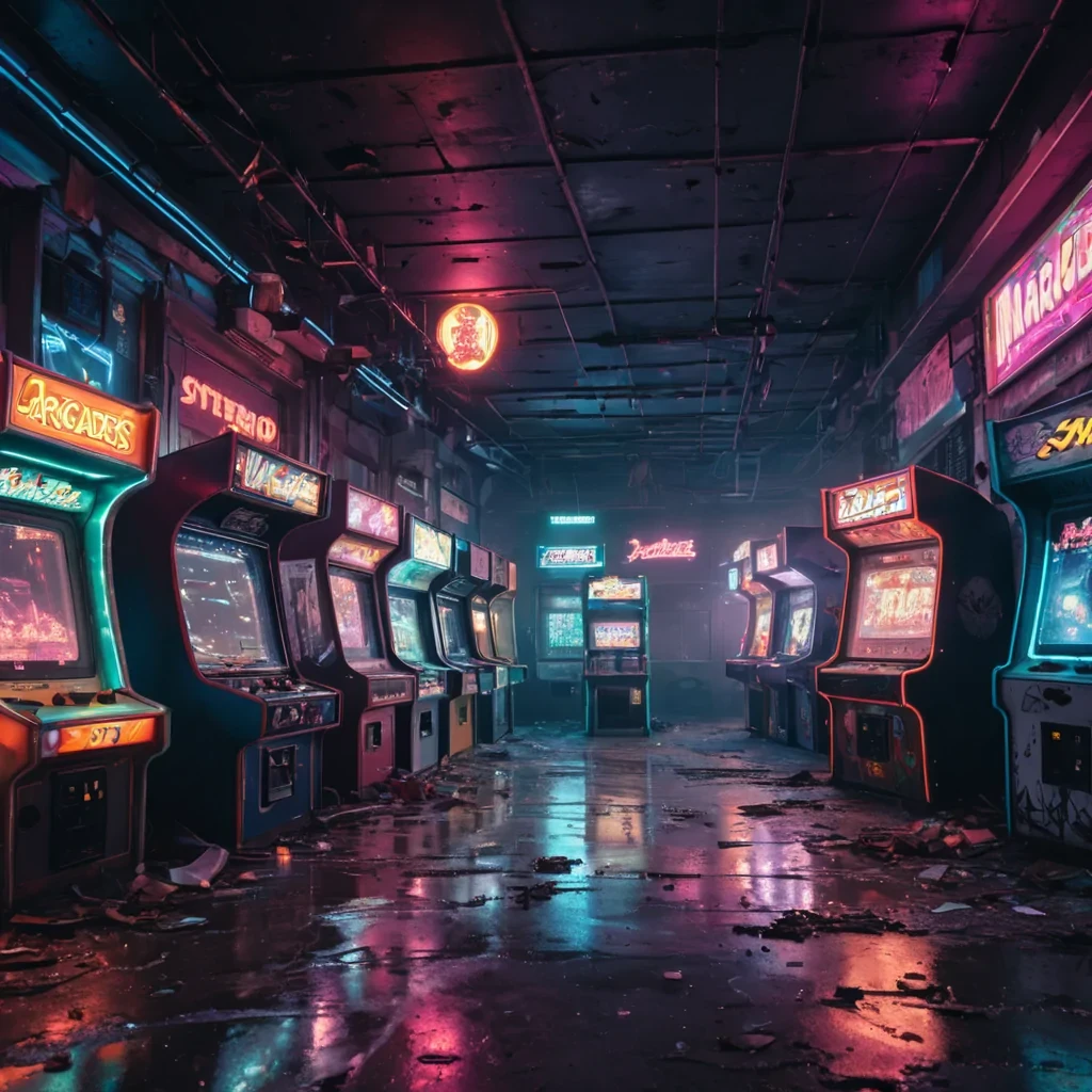 An abandoned, colossal, neonlit arcade, its vintage, pixelated marquees flickering in the twilight, sprawls across a desolate, rainkissed urban wasteland. Within, spectral, retrofuturistic patrons, clad in vintage arcaders uniforms, drift through the desolate space, their forms composed of swirling, pixelated motes of light. Ultra HD, cinematic volumetric lighting, atmospheric lens flare, vibrant, neoninspired colors.