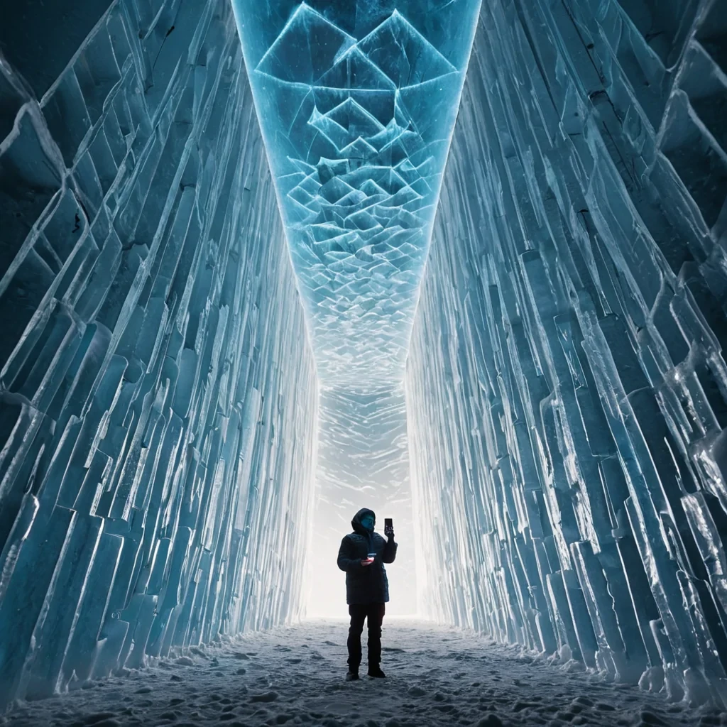 A photorealistic, eyelevel medium shot of a solitary architect standing inside the hollow core of a colossal, inverted ziggurat constructed from stacked, translucent layers of compressed ice and suspended magnetic sand. The structure is illuminated from below by a deep, pulsating azure glow that fractures through the ice, creating prismatic beams of light that pierce the misty, cold air. The architect wears a heavy, textured parka made of woven, iridescent fibers that shift from silver to violet under the light, holding a tablet device with a holographic interface displaying rotating geometric shapes. The surrounding atmosphere is filled with floating, spherical orbs of condensed water vapor that catch the light like suspended diamonds, while the background fades into a soft, outoffocus