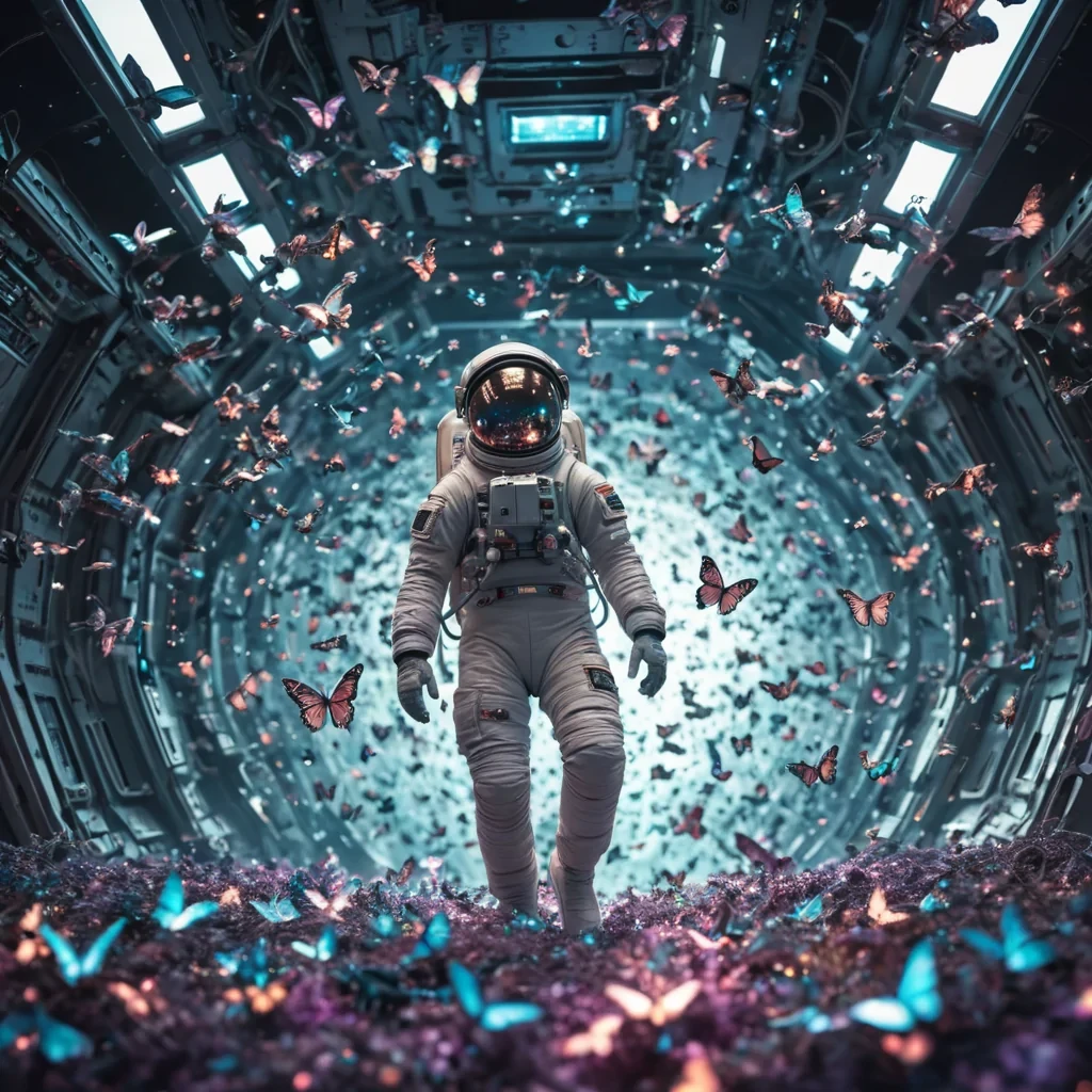 A lone astronaut floating in the void, tethered to a derelict spaceship, surrounded by a swarm of iridescent, mechanical butterflies, hyperrealistic, ultra HD, cinematic lighting, volumetric lighting, atmospheric effects, dynamic lighting, bokeh effect, soft focus, lens flare, pastel tones, detailed textures.