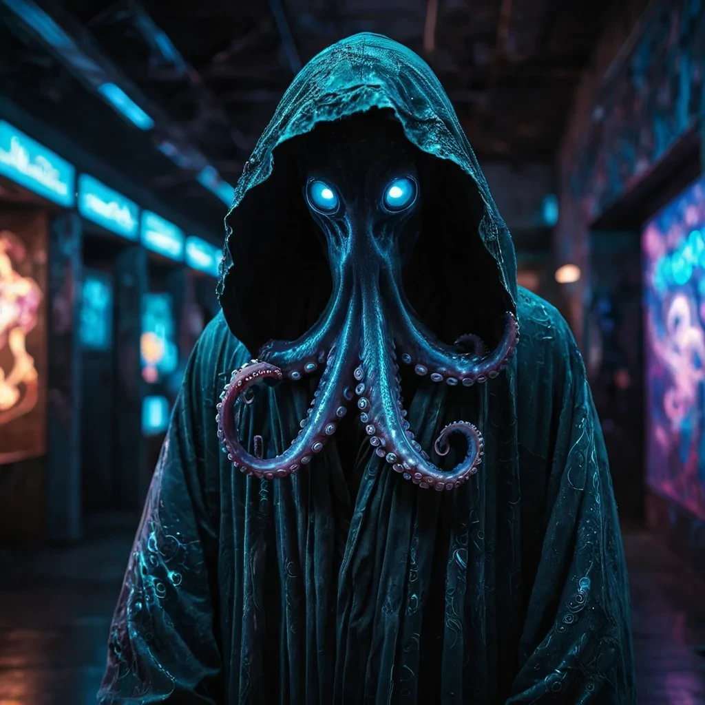 A hyperrealistic, 4K portrait of a lone, sentient, neonlit holographic octopus, its ethereal form pulsating with intricate, bioluminescent fractal patterns, suspended in the heart of a vast, abandoned, neonlit arcade, with volumetric lighting casting dramatic shadows and emphasizing its dynamic, fluid movements, and a subtle, cool bokeh effect creating a sense of isolation and melancholy, as a spectral, ethereal figure, cloaked in a tattered, hooded robe, stands silently at the edge of the frame, their face obscured by shadows, adding an enigmatic, haunting touch to the otherwise abstract scene.