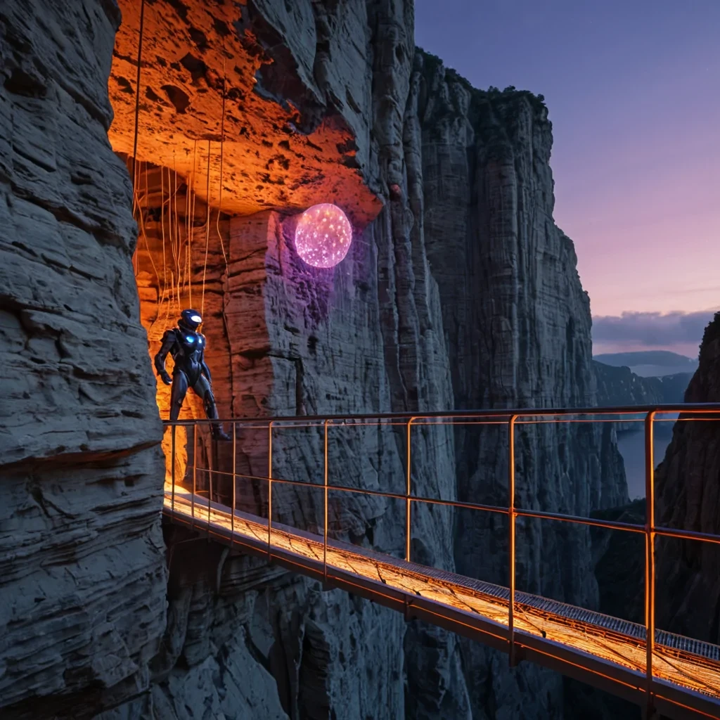 A hyperrealistic, lowangle wide shot of a colossal, vertical city built into the side of a massive, sheer cliff face of pale, porous limestone, where every window and balcony is replaced by living, breathing walls of vibrant, neonorange coral that pulse with rhythmic, bioluminescent light. The scene is set at twilight, with the sky above transitioning from deep indigo to soft violet, while the cliff face glows with an internal, warm amber hue. In the foreground, a solitary figure wearing a sleek, mattegrey exosuit with translucent, honeycombed visor glass stands on a narrow, suspended bridge made of woven steel cables and glowing blue energy filaments. The figure holds a delicate, spherical device made of