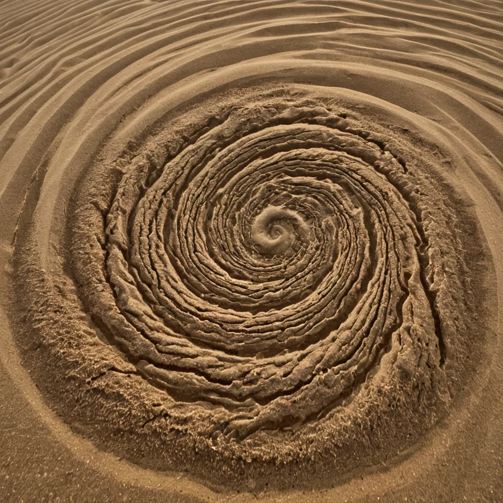 A single, selforganizing cluster of solidified wind, shaped like a fractal, nonlinear vortex of reversed atmospheric pressure, pulses at the center of a vast, inverted desert suspended in the thermodynamic limbo between two unformed monsoons. The cluster does not blowit unbreathes, each spiral unraveling a layer of turbulence that never coalesced into a storm, reforming into ephemeral, ochreveined gusts shaped like the negative space between two dunes that never shifted in the same moment of mutual erosion. The desert is not aridit is a layered expanse of petrified air, each sand grain etched with the kinetic residue of a gust that was almost felt, its d