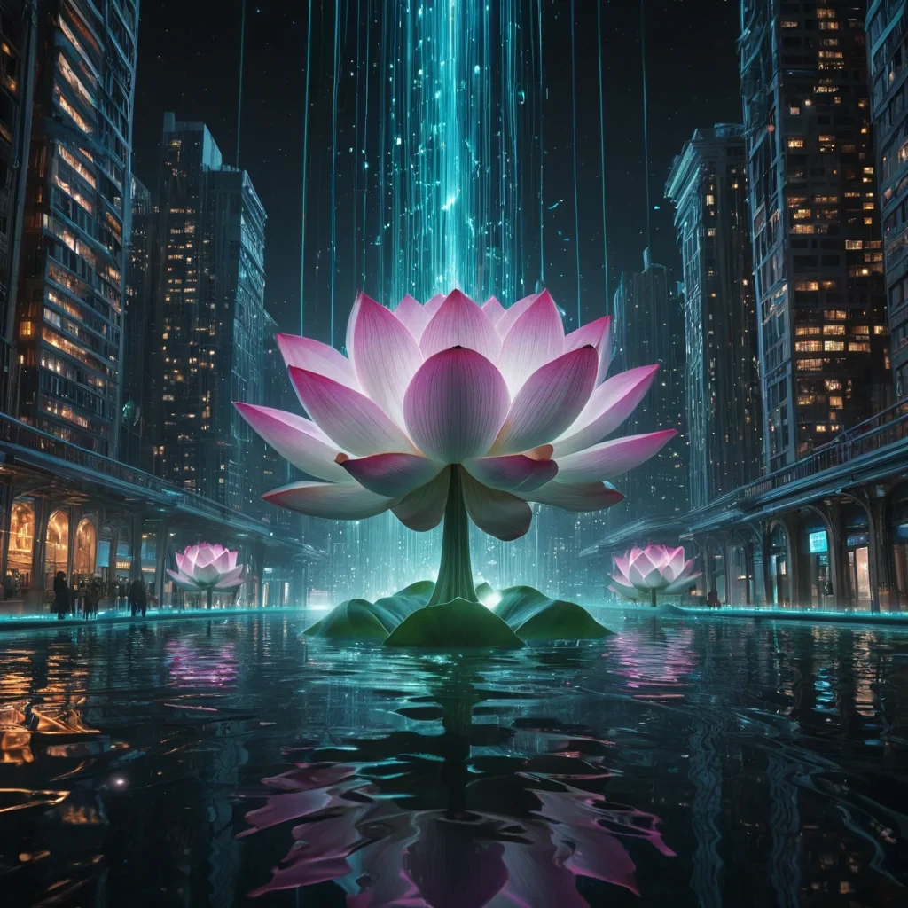 Photorealistic, titanic, prismatic, levitating, lotus metropolis, its hyperrealistic, 4K, petallike structures unfurling ultra HD, zerogravity, bioluminescent ecosystems. Volumetric lighting from unseen, pulsating, bioluminescent hearts etches the citys ethereal, organic architecture, casting intricate, dynamic, neon shadows on the inverted, reflective void. Cinematic lighting bathes the scene in vibrant, otherworldly hues, with lens flare emphasizing the citys central, radiant, throbbing, crystalline heart, pulsating with captive, alien, bioluminescent energy.