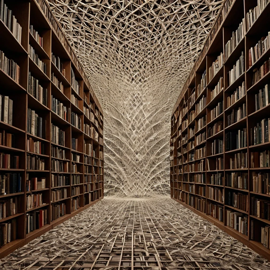 A single, selfunfolding fractal of reversed language, shaped like a 1,000,000,001dimensional lattice of unformed syntax and inverted meaning, drifts through the center of a vast, inverted library of solidified silence  each bookshelf carved from the exact moment between a word being spoken and its refusal to be understood, a sentence forming and dissolving into nonsemantic dust, a story being written and collapsing into pure, unmeasured abstraction. The lattice does not convey thought  it unconveys it, each shimmering thread shedding a layer of linguistic potential that never coalesced into shared understanding, reforming into ephemeral, iridescent afterimages shaped like the negative space between