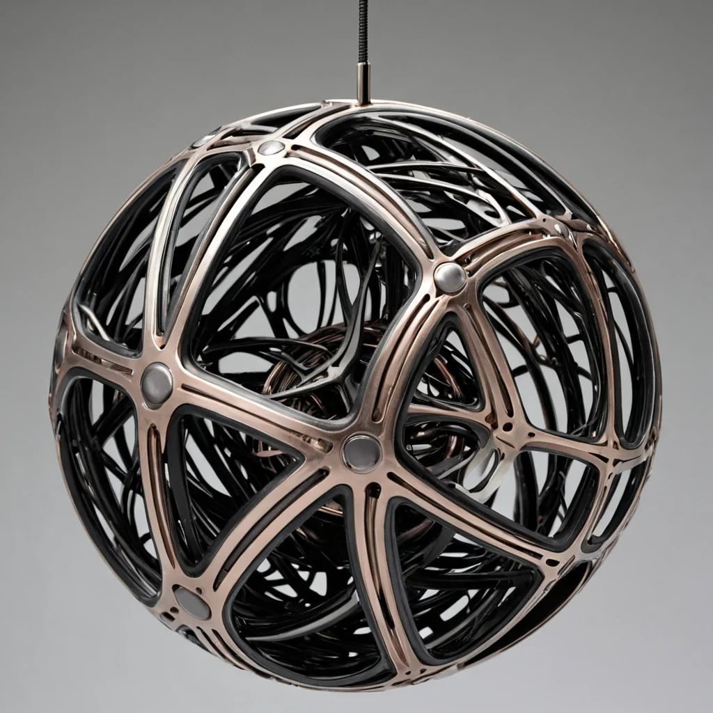 A highresolution, eyelevel closeup of a suspended, intricate mechanical armature crafted from brushed titanium and matte copper, hovering in a sterile, white void. The armature is not rigid but composed of hundreds of flexible, jointed segments that undulate in a slow, organic rhythm, mimicking the movement of a serpentine spine. At the terminus of the armature, a single, perfect sphere of dense, opaque black ceramic is held in place by three ultrathin, tensioned filaments of spun silver. The surface of the ceramic sphere is not smooth but features a complex, embossed topography of microscopic, ridged valleys and peaks, catching the soft, diffused light from an unseen source above, creating a delicate inter
