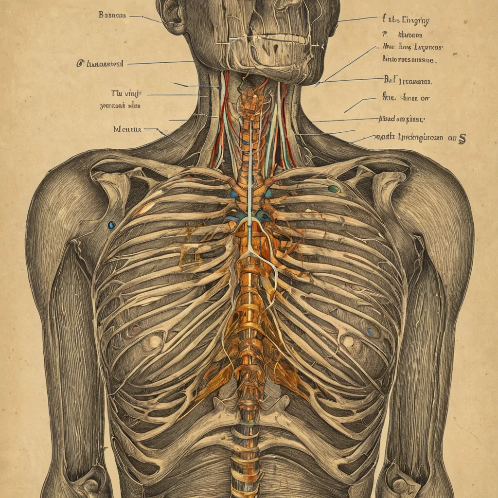 A precise, orthographic technical diagram of a human respiratory system rendered in a vintage, handcolored copperplate etching style, but the lungs are replaced by twin, spiraling whirlpools of viscous, translucent honey containing suspended, geometric shards of crushed opal that refract spectral light into tiny rainbows. The trachea is depicted as a flexible, corrugated tube of brushed titanium, segmented with visible rivets and small, glowing amber status lights. The ribcage is illustrated as a delicate, open framework of interlocking, flatlying wooden slats in pale birch tones, showing the grain clearly. The background is a seamless, warm, creamcolored paper texture with faint, pencildrawn measurement lines and annotation arrows