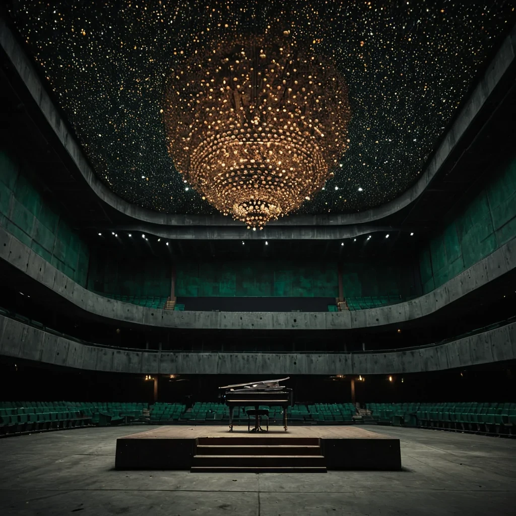A hyperrealistic, eyelevel medium shot of a minimalist, brutalist concert hall interior where the walls are clad in deep, matte charcoal concrete, absorbing all ambient noise. The stage is a raised platform of roughhewn, raw copper that oxidizes to a vibrant verdigris green at the edges. Suspended above the stage is not a lighting rig, but a massive, intricate chandelier made entirely of thousands of suspended, vintage brass telescope lenses of varying sizes, arranged in a chaotic yet harmonious cluster. Through each lens, a different, highresolution image of a distant galaxy is projected onto the floor below, creating a mosaic of starry night skies that shifts as the lenses rotate. A solitary musician in a sleek, monochromatic