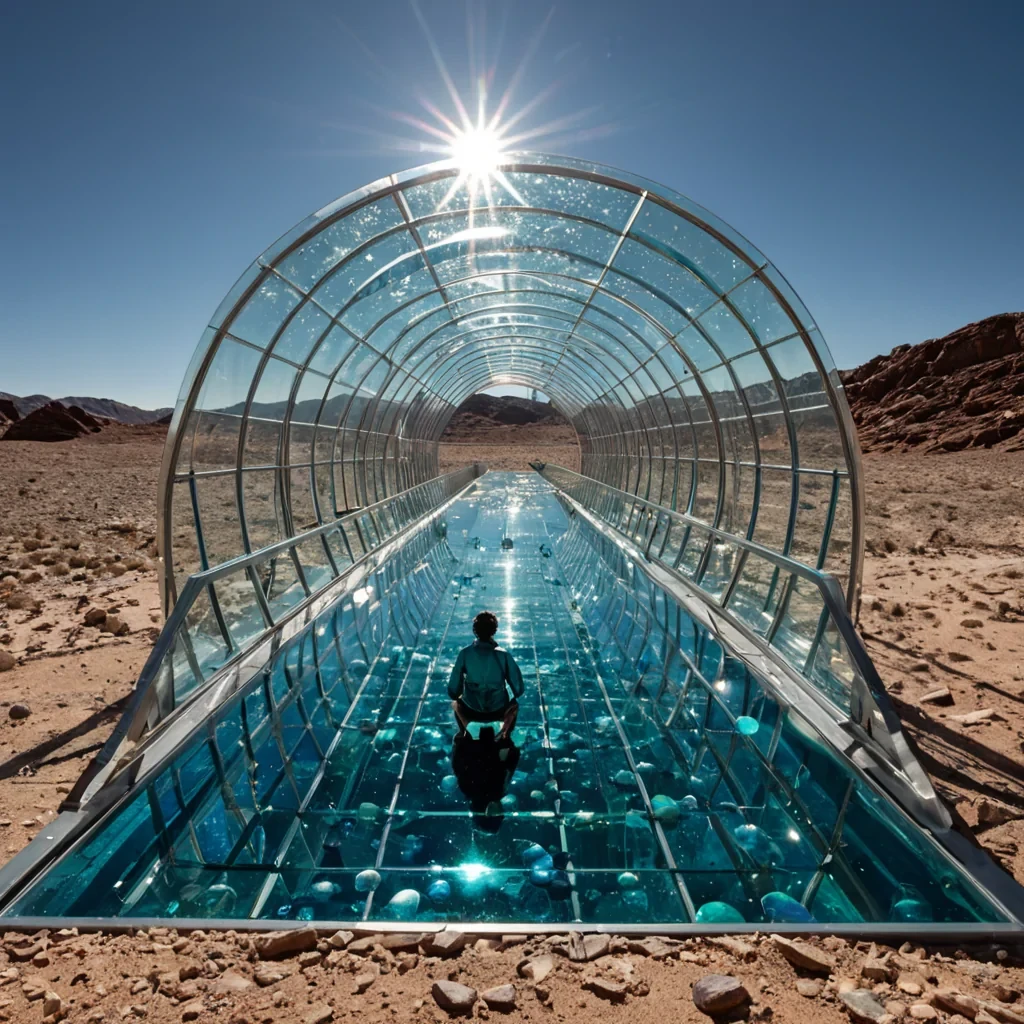 A horizontal, eyelevel wide shot of a suspended, horizontal glass bridge spanning a vast, luminous trench in a crystalline desert, where the ground below is composed of millions of smooth, polished spheres of varying sizes and hues, ranging from deep indigo to vibrant turquoise. The bridge is constructed from thin, transparent panes of tempered glass, reflecting the harsh, white sunlight of a twinsun system above. In the center, a geologist with tanned skin and wearing a lightweight, breathable suit of woven, silvergrey synthetic fibers kneels on the glass, examining a cluster of floating, metallic dandelionlike structures that drift on the thermal updrafts. These structures have stems made of brushed steel and petals of iridescent mica