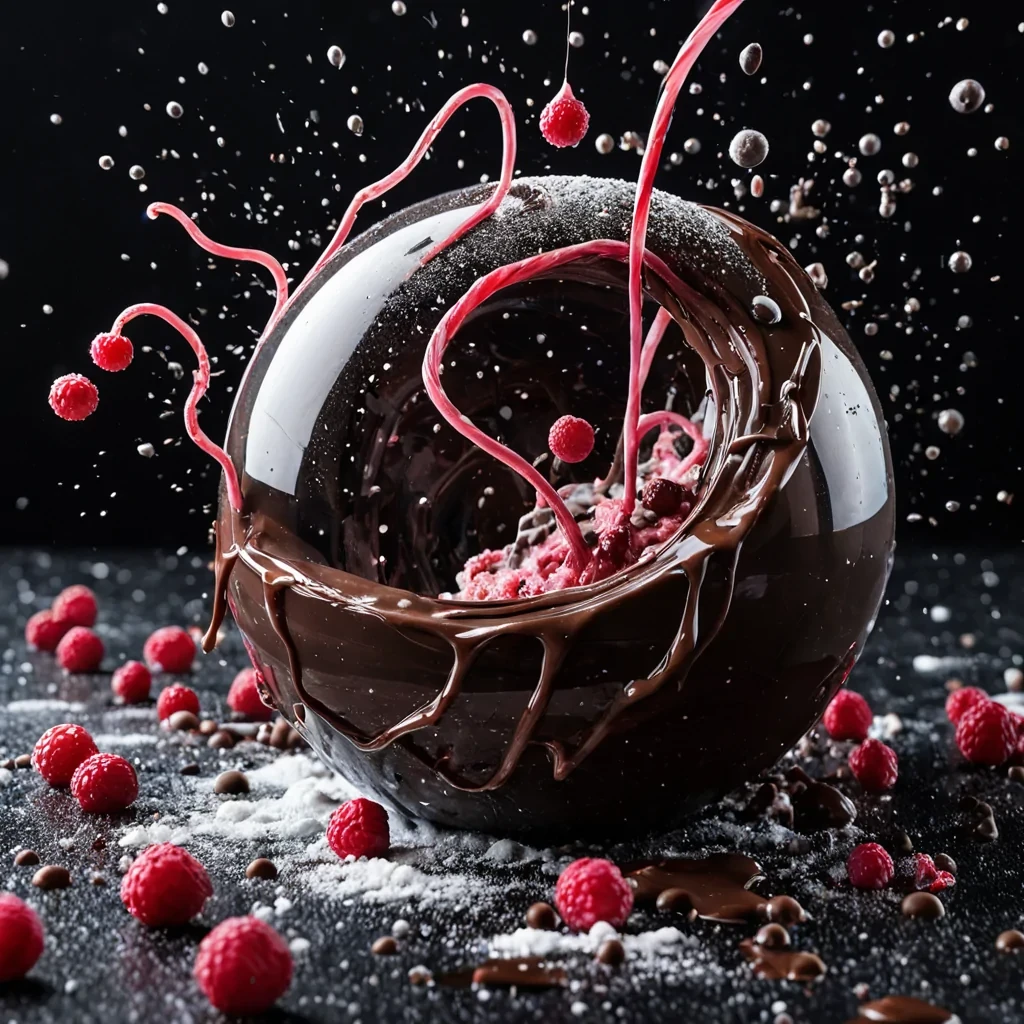 A chaotic, highspeed freezeframe of a culinary explosion in a zerogravity environment, where a shattering sphere of dark, glossy chocolate is colliding with a burst of fine, white powdered sugar. The scene is dominated by suspended, elongated ribbons of melted red berry puree that swirl through the air like liquid snakes, intertwining with jagged, crystalline shards of blue agate. Tiny, spherical droplets of golden honey hang in perfect stillness, acting as miniature convex lenses that refract the surrounding neonpink and electricblue studio lighting. The composition is dense with particulate matter dust, crumbs, and microbubbles of trapped air, all captured with extreme sharpness against a deep, voidlike black background.