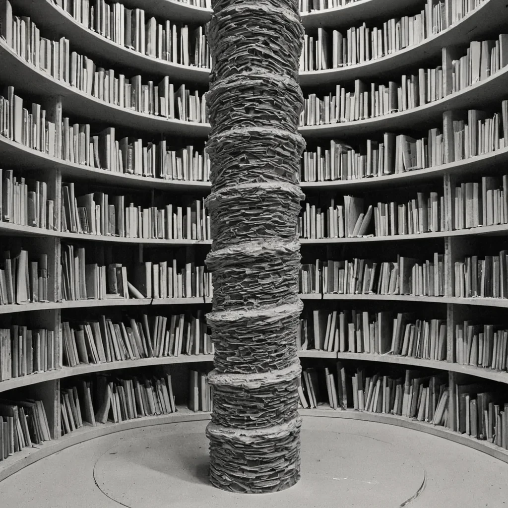A single, selferoding column of reversed memory, shaped like a 1,523dimensional spiral of unformed recollection and inverted nostalgia, stands at the center of a vast, inverted archive of solidified forgettingeach shelf carved from the exact moment between a photograph being taken and its refusal to be remembered, a letter being written and dissolving into nonepistolary ash, a face being recognized and collapsing into pure, unacknowledged obscurity. The column does not preserveit unpreserves, each crumbling layer shedding a fragment of emotional resonance that never coalesced into a shared past, reforming into ephemeral, lapislazulithreaded afterimages shaped like the negative space between two hands that