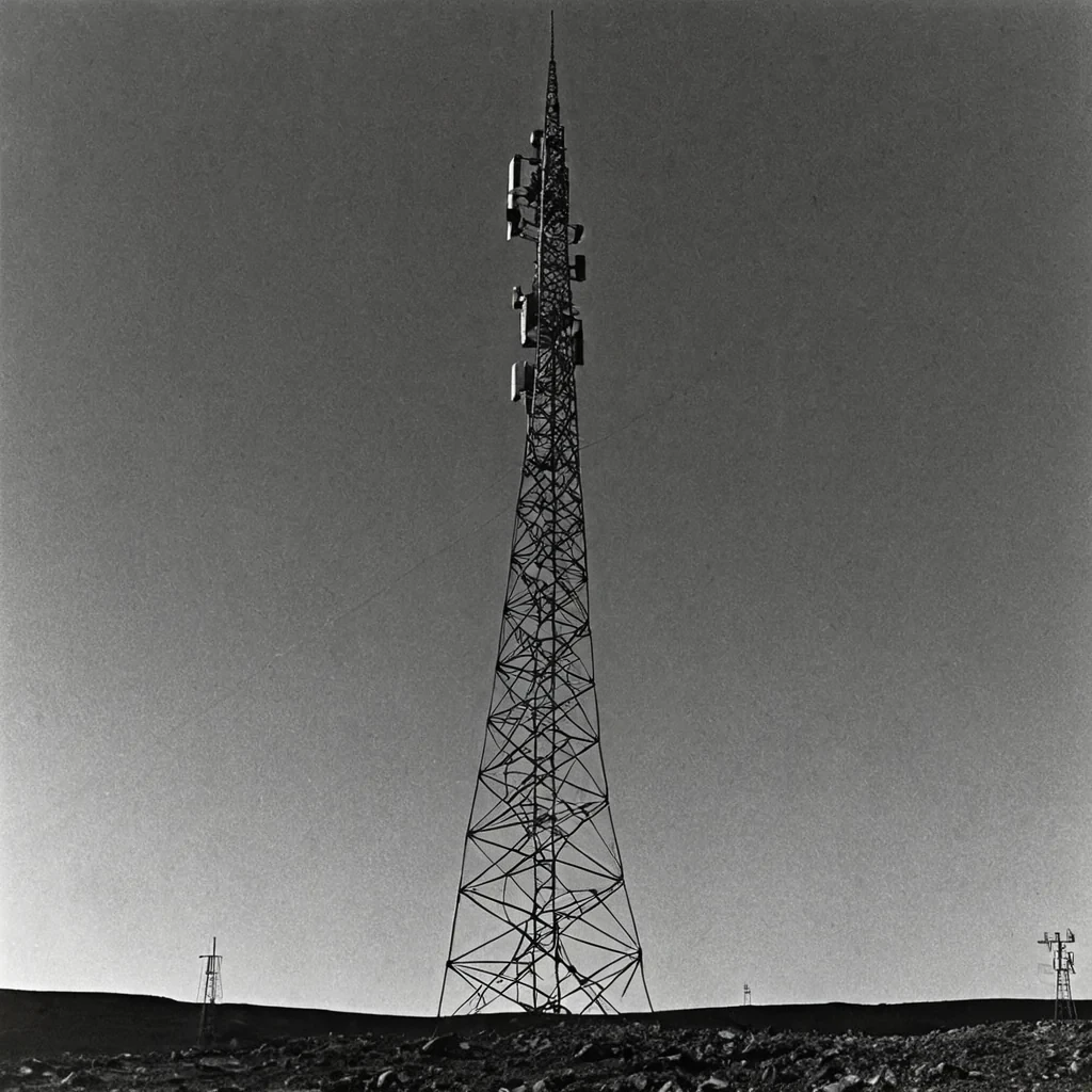 A single, selfunfolding ribbon of solidified static, shaped like a spiraling, nonNewtonian wave of reversed signal decay, pulses at the center of a vast, inverted radio tower suspended in the electromagnetic limbo between two untransmitted frequencies. The ribbon does not transmitit unbroadcasts, each ripple dissolving a layer of noise that never coalesced into meaning, reforming into ephemeral, cobalthued afterimages shaped like the negative space between two antennas that never aligned in the same moment of mutual resonance. The tower is not structuralit is a layered expanse of petrified interference, each beam etched with the spectral residue of a transmission that was almost received, its lattice humming with the silence of