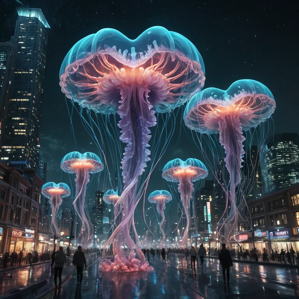 Photorealistic, colossal, undulating, opalescent, jellyfish metropolis, its hyperrealistic, 4K, translucent, bellshaped structures unfurling ultra HD, bioluminescent, zerogravity ecosystems. Volumetric lighting from unseen, pulsating, bioluminescent hearts etches the citys ethereal, organic architecture, casting intricate, dynamic, neon shadows on the inverted, reflective void. Cinematic lighting bathes the scene in vibrant, otherworldly hues, with lens flare emphasizing the citys central, radiant, throbbing, opalescent heart, pulsating with captive, alien, bioluminescent energy.